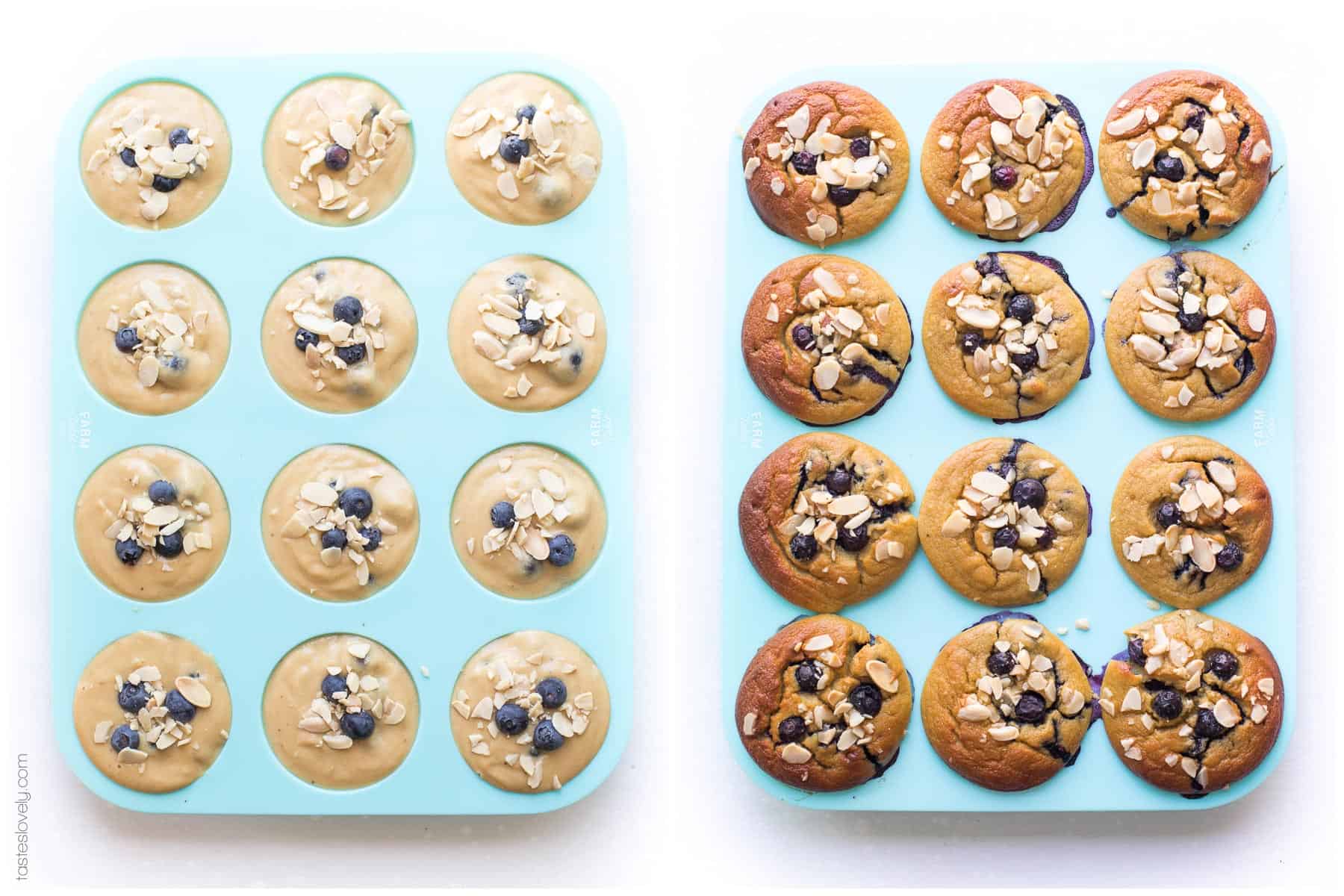 Paleo Blueberry Muffins - made with almond flour and sweetened with banana and coconut sugar. Gluten free, grain free, dairy free, refined sugar free.