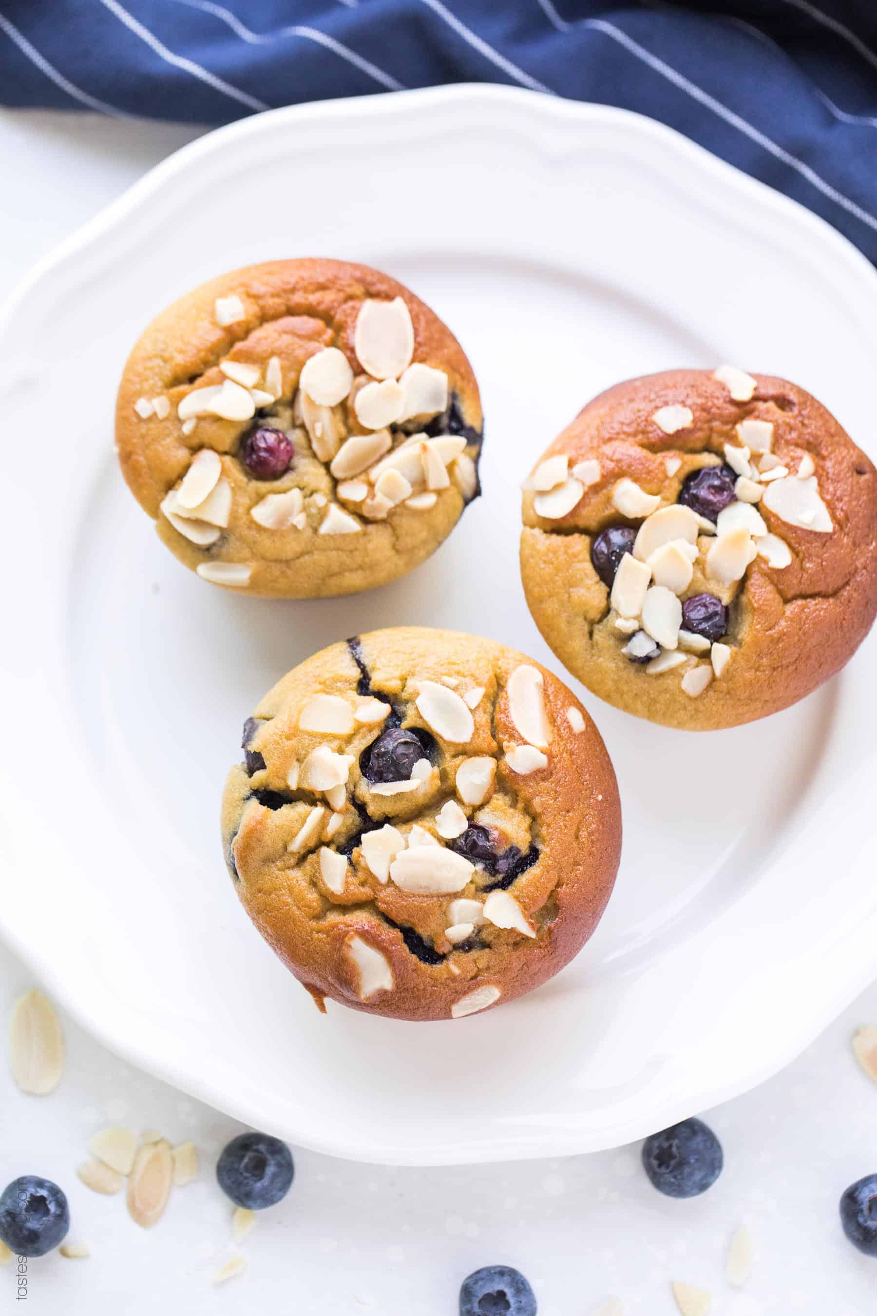 Paleo Blueberry Muffins - made with almond flour and sweetened with banana and coconut sugar. Gluten free, grain free, dairy free, refined sugar free.