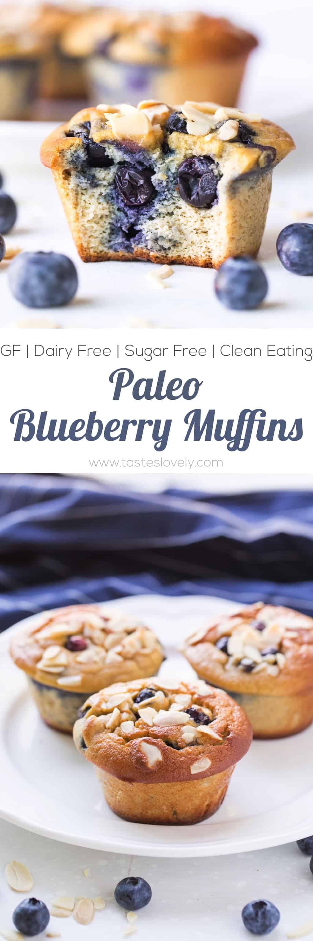 Paleo Blueberry Muffins - made with almond flour and sweetened with banana and coconut sugar. Gluten free, grain free, dairy free, refined sugar free.