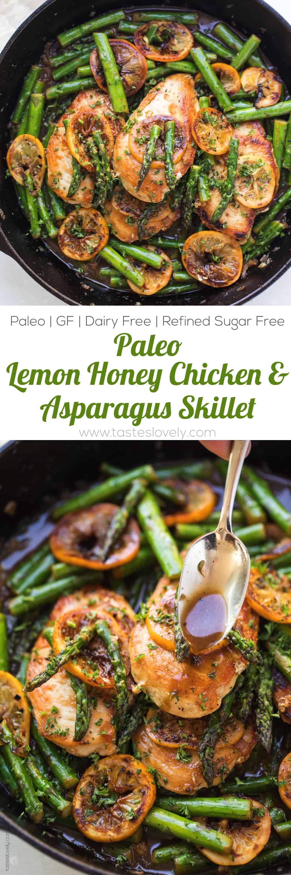 Paleo Lemon Honey Chicken & Asparagus Skillet Dinner Recipe (gluten free, grain free, dairy free, refined sugar free, clean eating)