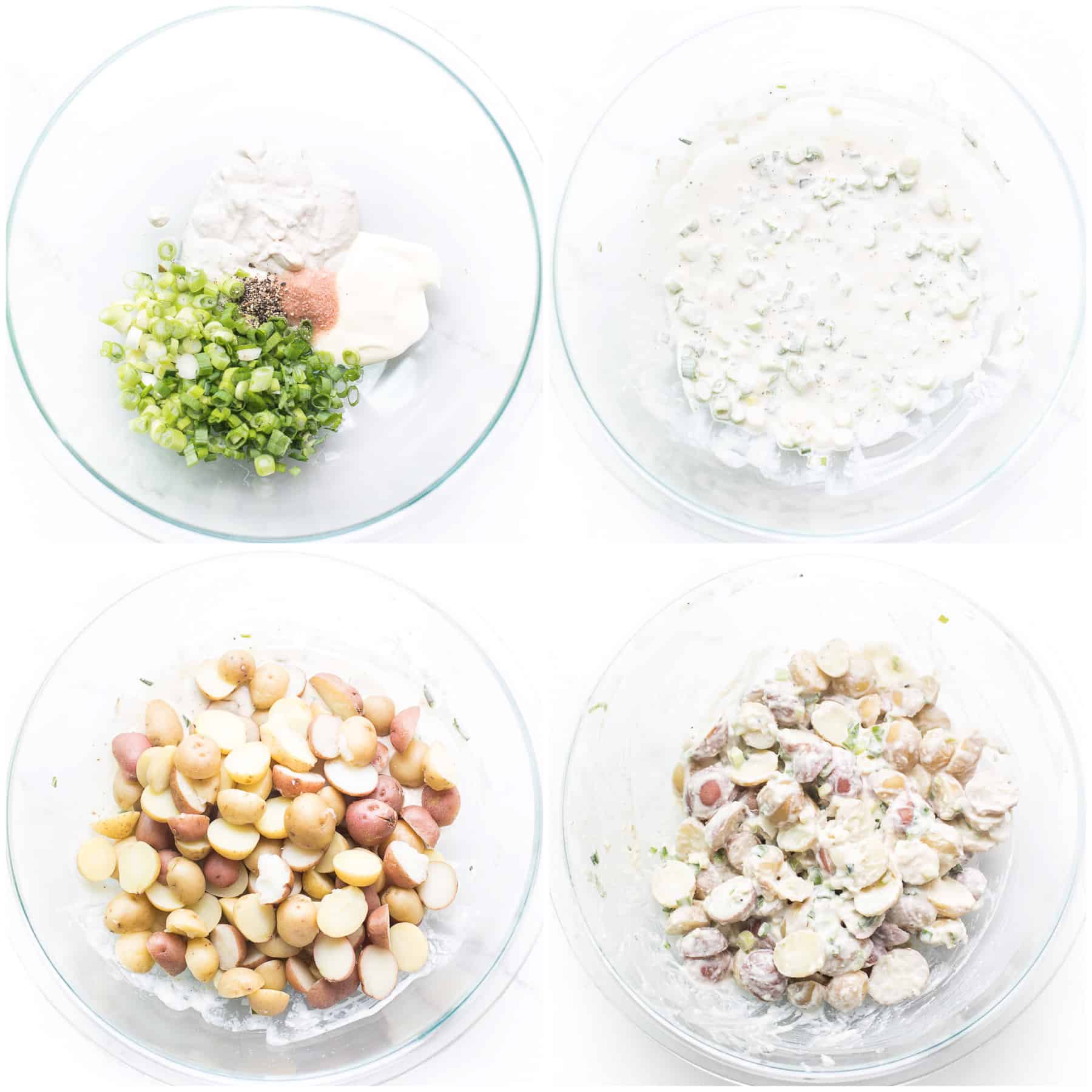 steps to making potato salad in a white bowl