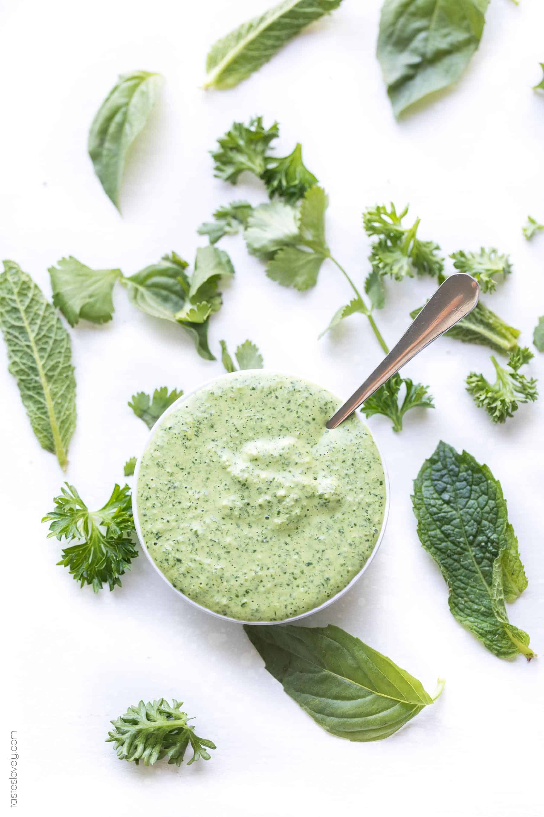 Paleo Herby Green Dressing - a light and refreshing dressing made with parsley, mint, basil and cilantro. Delicious on salads, meat and vegetables! Gluten free, dairy free, sugar free, clean eating.-1.CR2