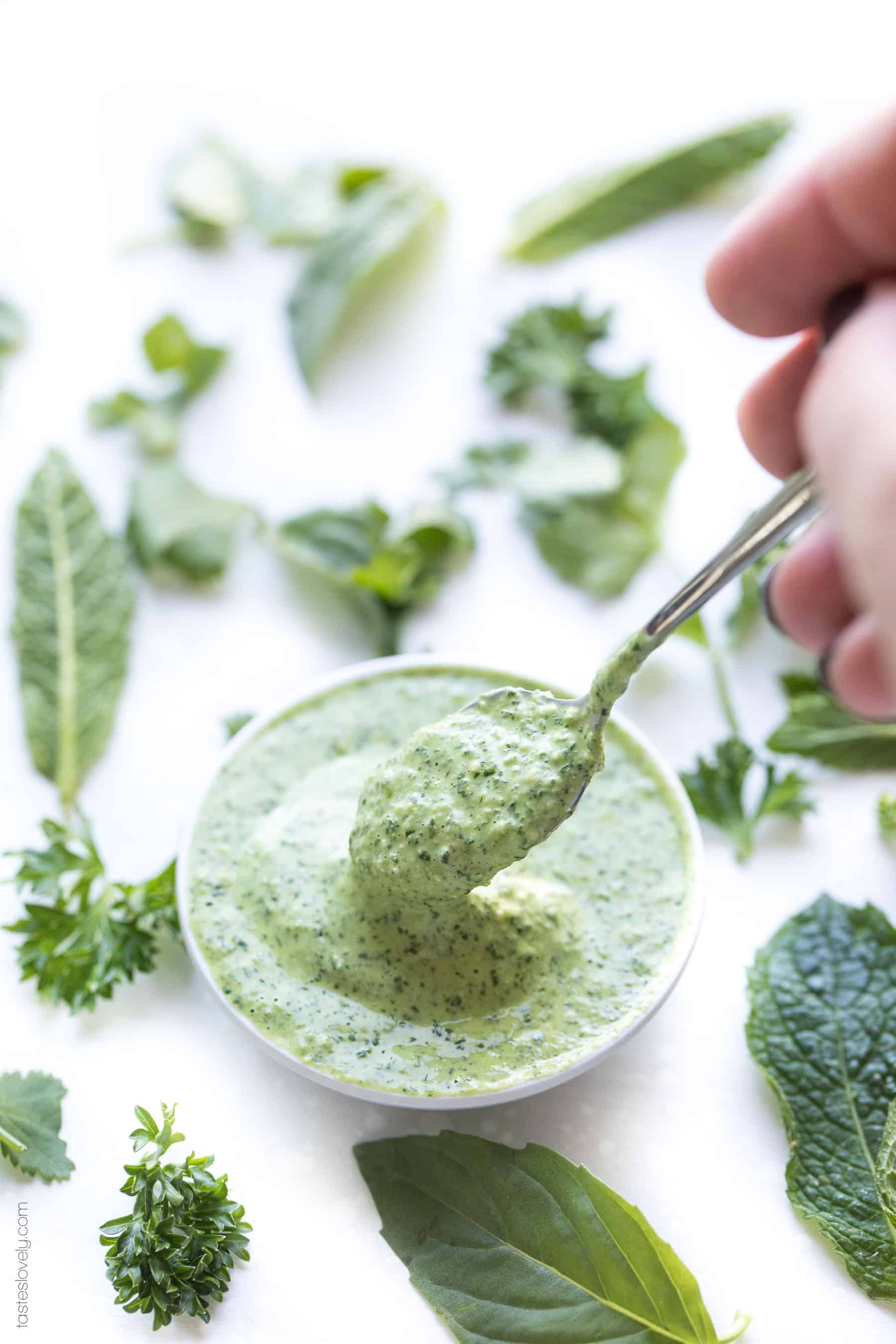 Paleo Herby Green Dressing - a light and refreshing dressing made with parsley, mint, basil and cilantro. Delicious on salads, meat and vegetables! Gluten free, dairy free, sugar free, clean eating.-1.CR2