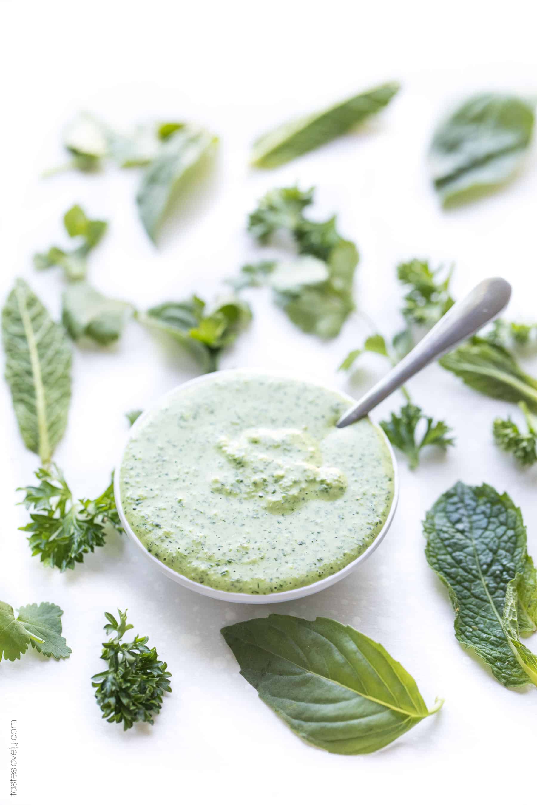 Paleo Herby Green Dressing - a light and refreshing dressing made with parsley, mint, basil and cilantro. Delicious on salads, meat and vegetables! Gluten free, dairy free, sugar free, clean eating.-1.CR2