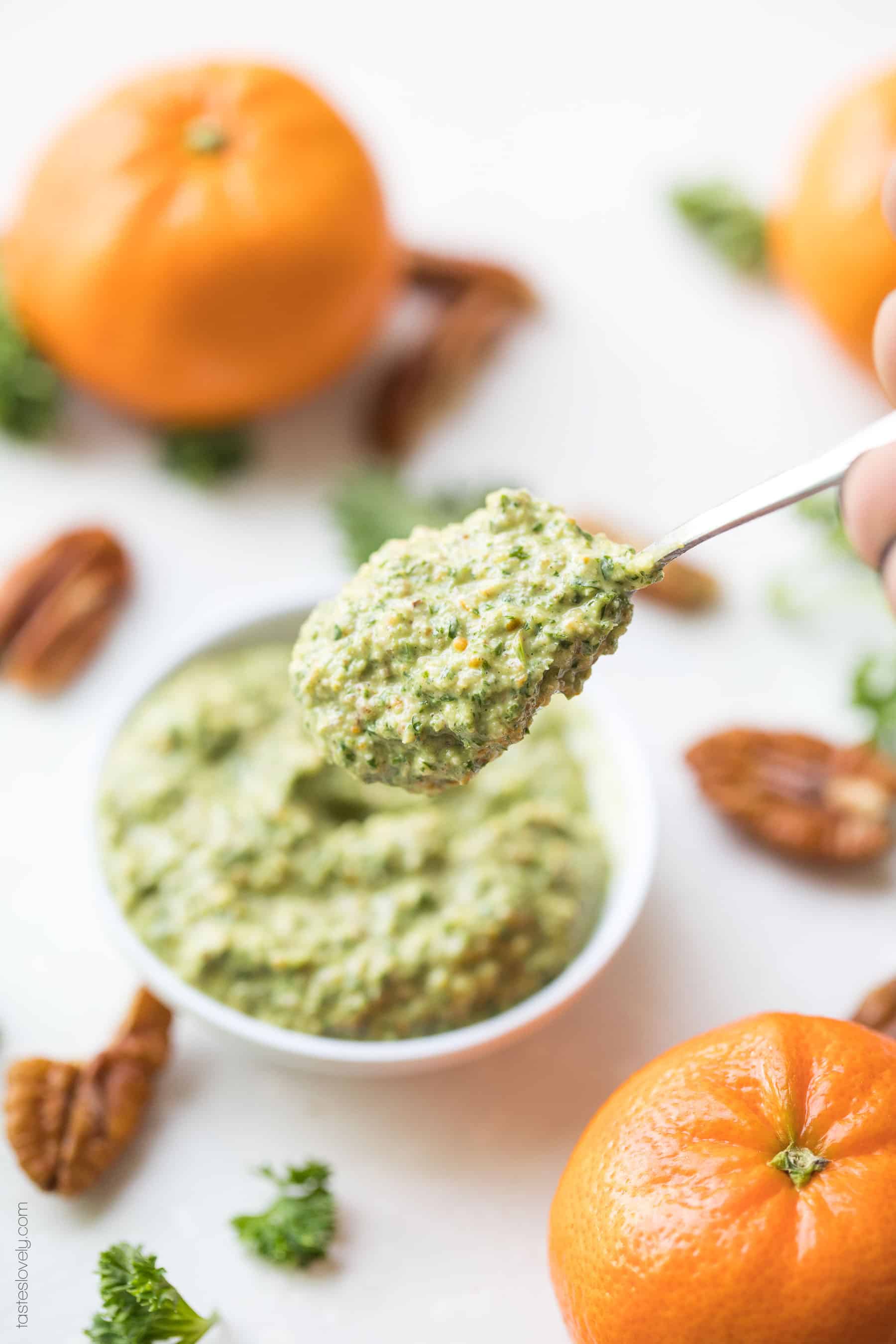 Paleo + Whole30 Orange Parsley Sauce - a citrusy and bright parsley sauce that is delicious on top of meat, fish and roasted vegetables. Gluten free, grain free, dairy free, sugar free, sugar free, clean eating, real food.