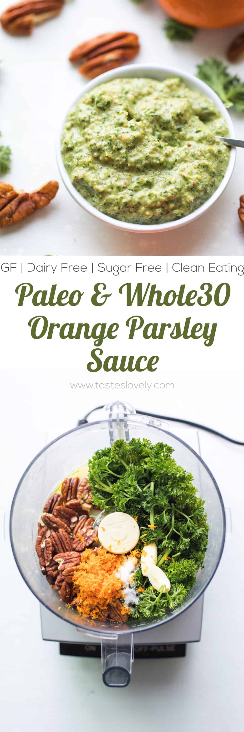 Paleo + Whole30 Orange Parsley Sauce - a citrusy and bright parsley sauce that is delicious on top of meat, fish and roasted vegetables. Gluten free, grain free, dairy free, sugar free, sugar free, clean eating, real food.