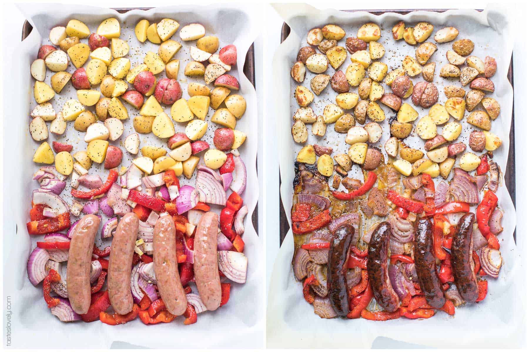Paleo + Whole30 Sheet Pan Sausage, Bell Pepper and Potato Roast - a super quick and healthy breakfast or dinner recipe! Just 10 minutes of prep, and the oven does the rest of the work for you. #paleo #whole30 #glutenfree #grainfree #dairyfree #sugarfree #keto #cleaneating #realfood