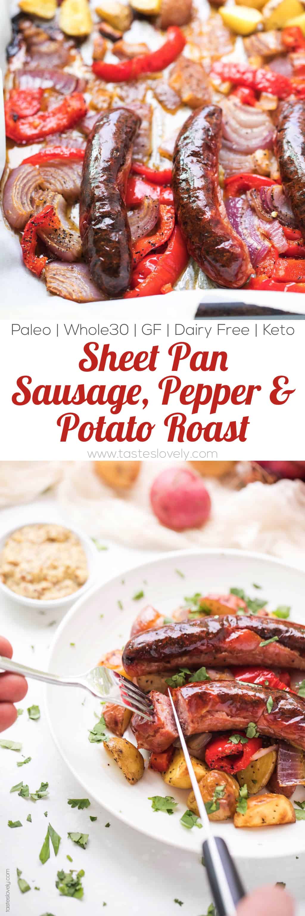 Paleo + Whole30 Sheet Pan Sausage, Bell Pepper and Potato Roast - a super quick and healthy breakfast or dinner recipe! Just 10 minutes of prep, and the oven does the rest of the work for you. #paleo #whole30 #glutenfree #grainfree #dairyfree #sugarfree #keto #cleaneating #realfood