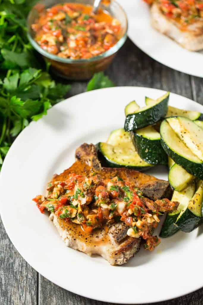 Pork Chops with Chunky Roasted Red Pepper Sauce, easy and healthy dinner that is paleo, gluten free, dairy free, low carb and Whole30