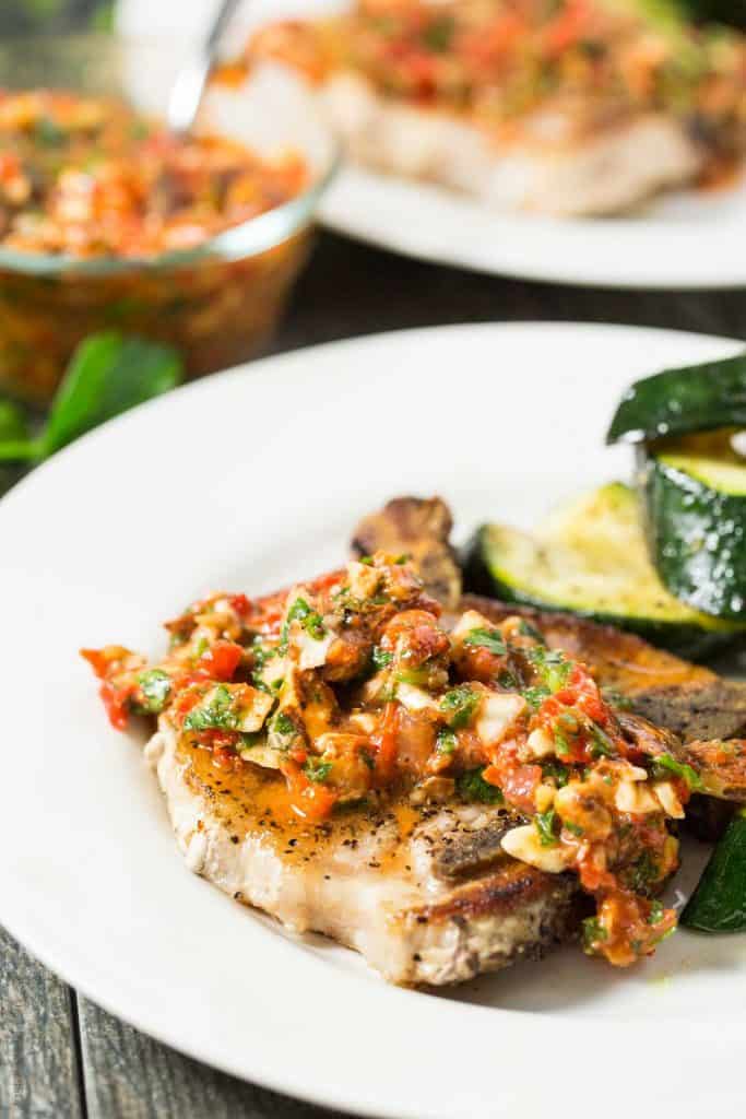 Pork Chops with Chunky Roasted Red Pepper Sauce, easy and healthy dinner that is paleo, gluten free, dairy free, low carb and Whole30