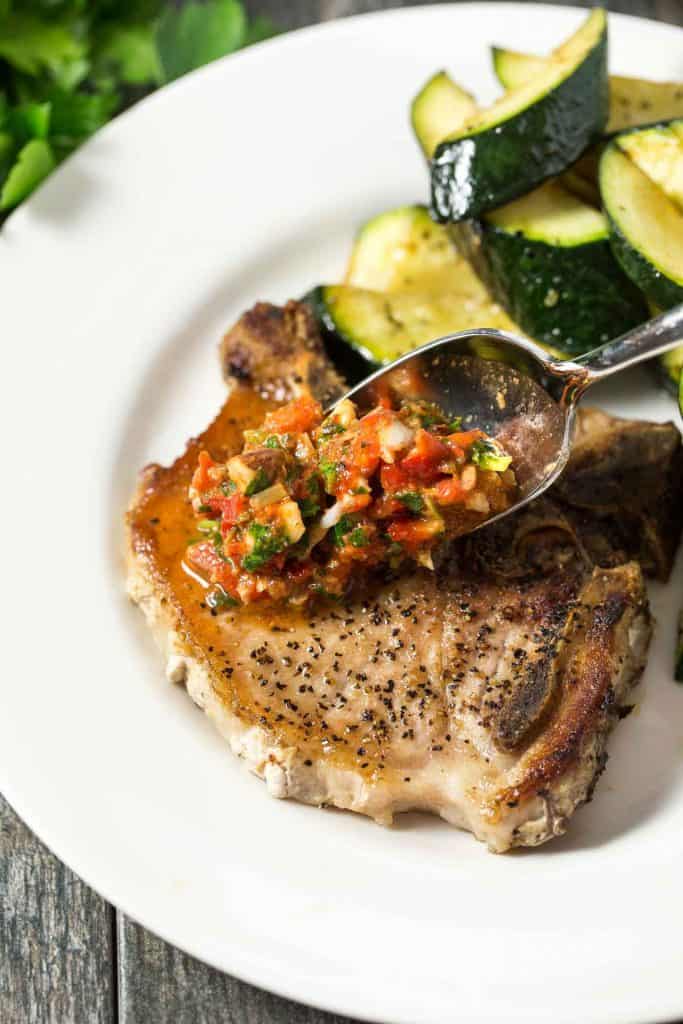 Pork Chops with Chunky Roasted Red Pepper Sauce, easy and healthy dinner that is paleo, gluten free, dairy free, low carb and Whole30