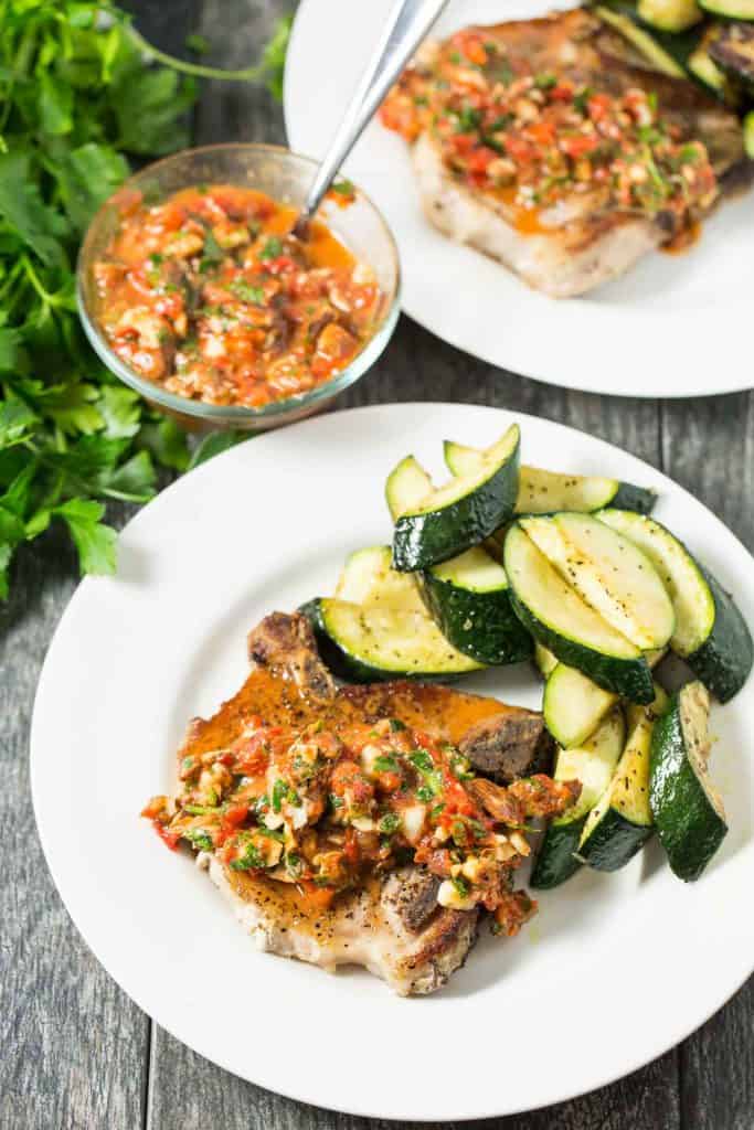 Pork Chops with Chunky Roasted Red Pepper Sauce, easy and healthy dinner that is paleo, gluten free, dairy free, low carb and Whole30