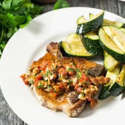 Pork Chops with Chunky Red Pepper Sauce | tasteslovely.com