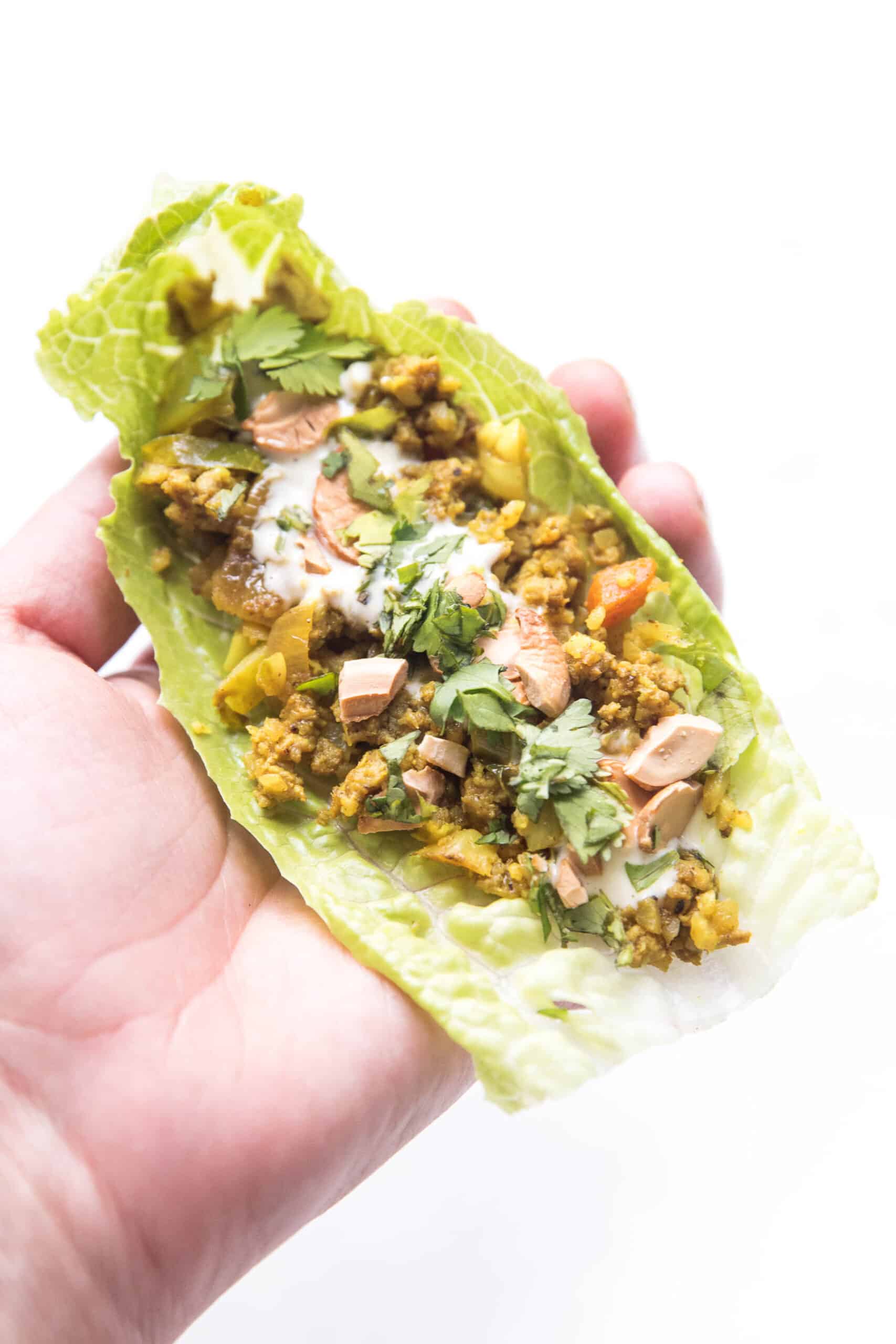 Curry lettuce wraps with cashews and cilantro in a hand