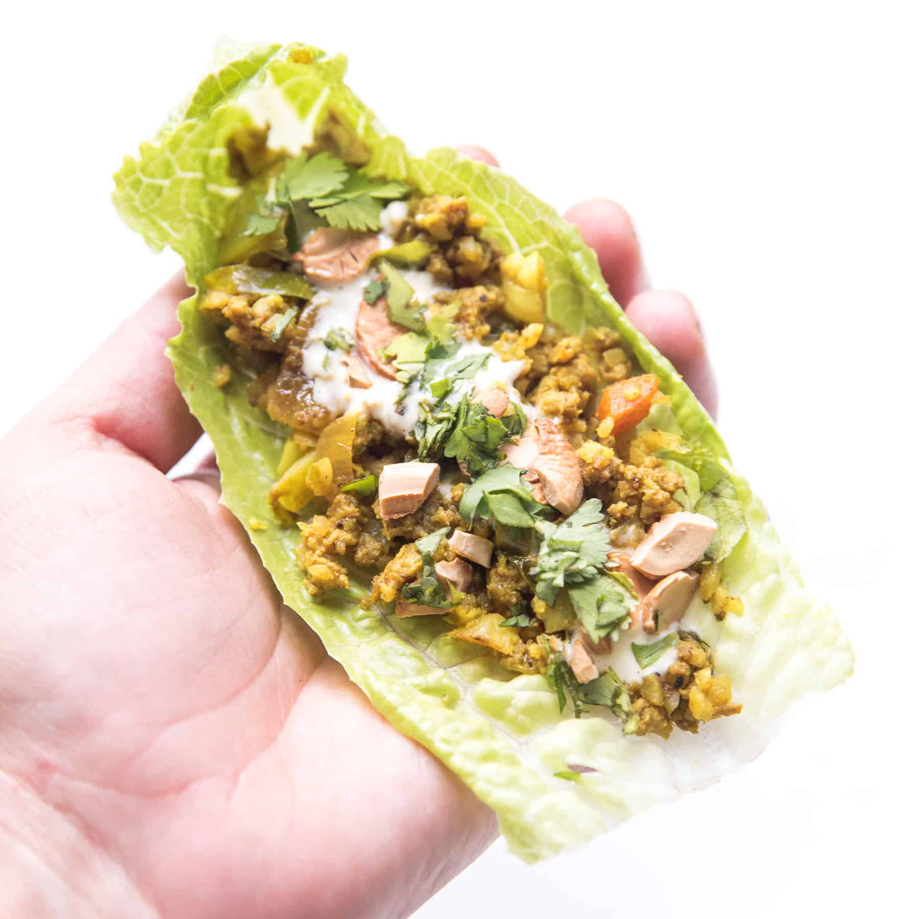 hand holding Curry lettuce wraps with cashews and cilantro