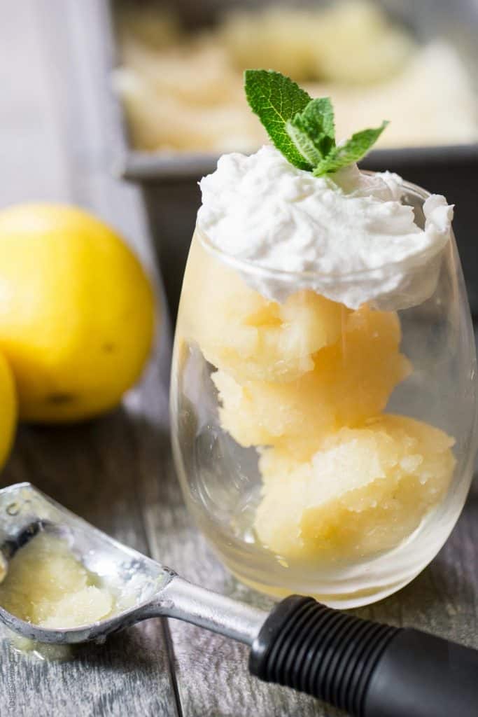 Paleo Lemon Sorbet - sweet and tart dessert that is just 3 ingredients! Can be made with or without an ice cream maker (paleo, vegan, gluten free, dairy free, refined sugar free)