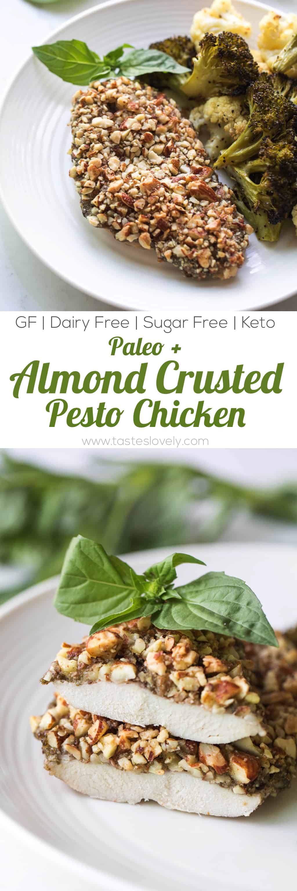 Paleo + Whole30 Almond Crusted Pesto Chicken - a quick and healthy 30 minute dinner recipe! #paleo #whole30 #glutenfree #grainfree #dairyfree #sugarfree #keto #cleaneating #realfood