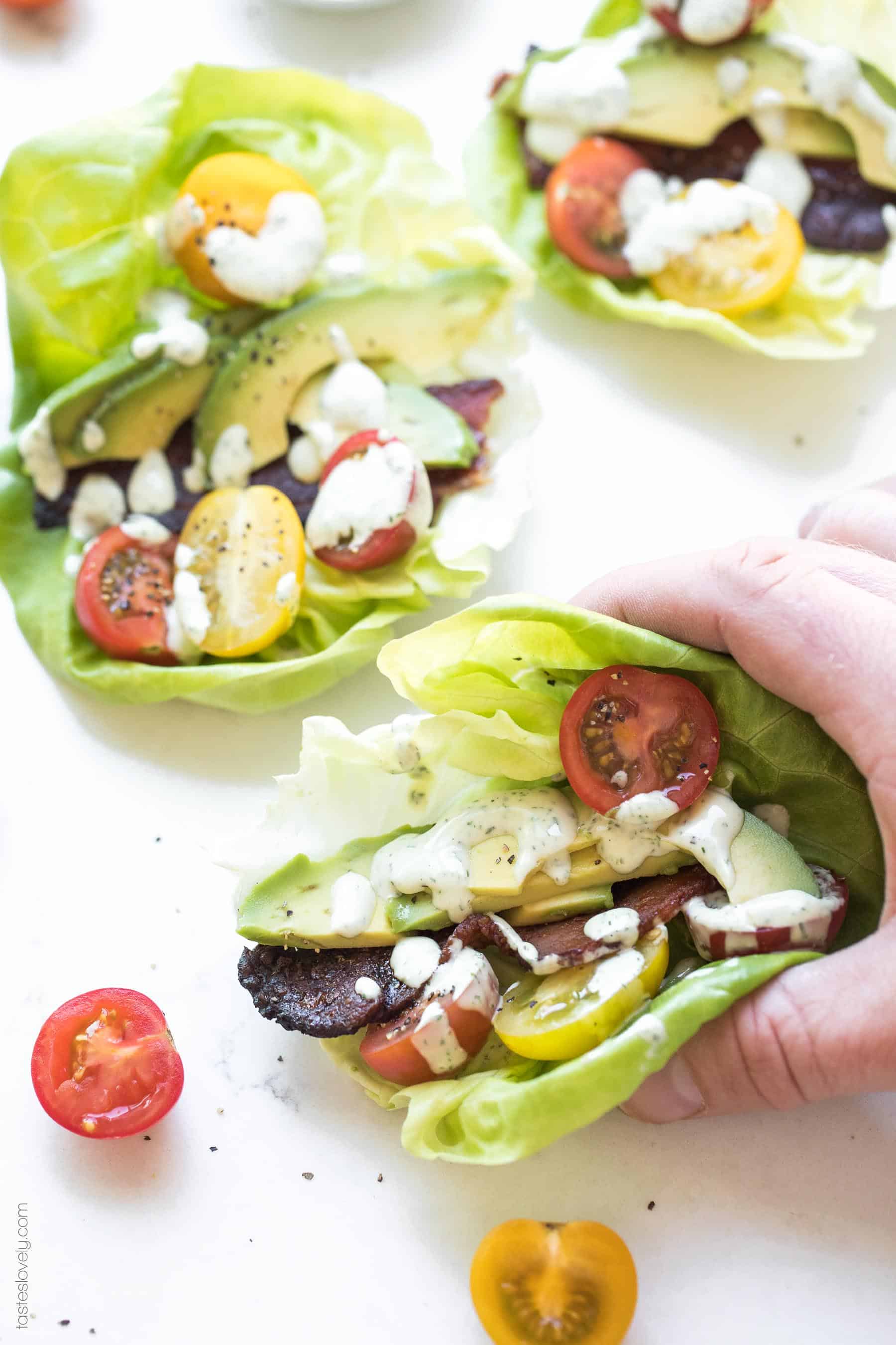 Paleo, Whole30 + Keto BLT Lettuce Wraps Recipe with avocado ranch dressing - a healthy and delicious lunch, dinner or appetizer. #paleo #whole30 #keto #glutenfree #grainfree #dairyfree #lowcarb #sugarfree #cleaneating #realfood