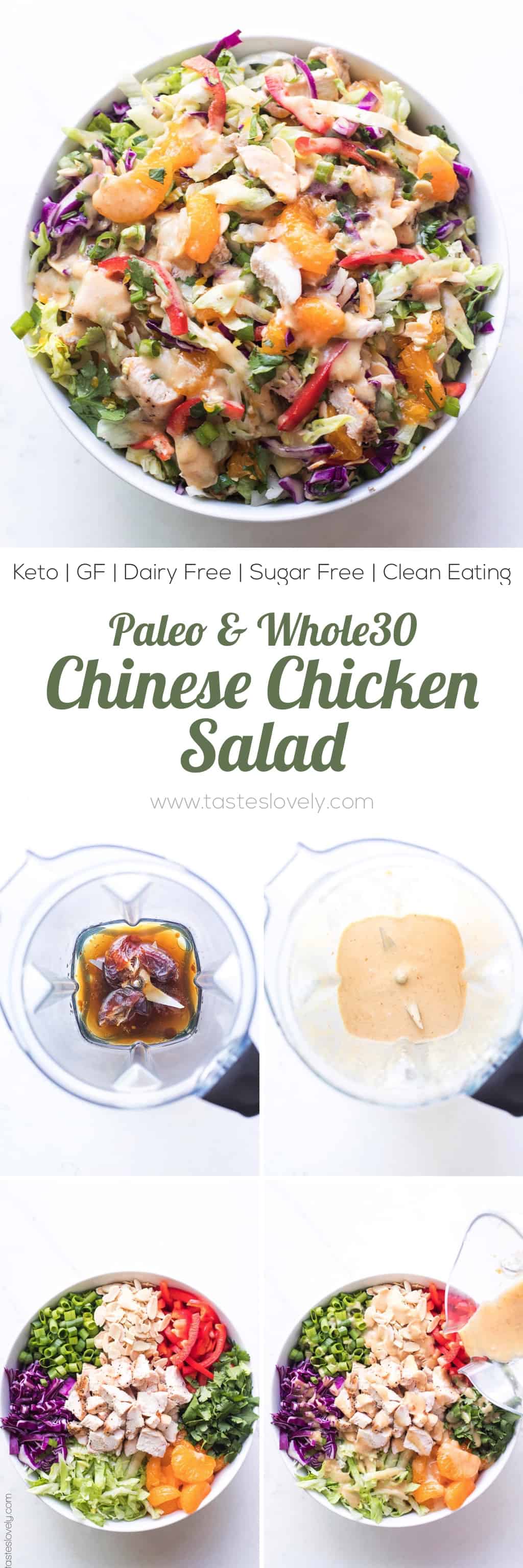 Paleo + Whole30 Chinese Chicken Salad Recipe with a homemade salad dressing. Delicious and healthy 30 minute asian chicken salad recipe! #paleo #whole30 #keto #glutenfree #grainfree #dairyfree #sugarfree #lowcarb #cleaneating #realfood