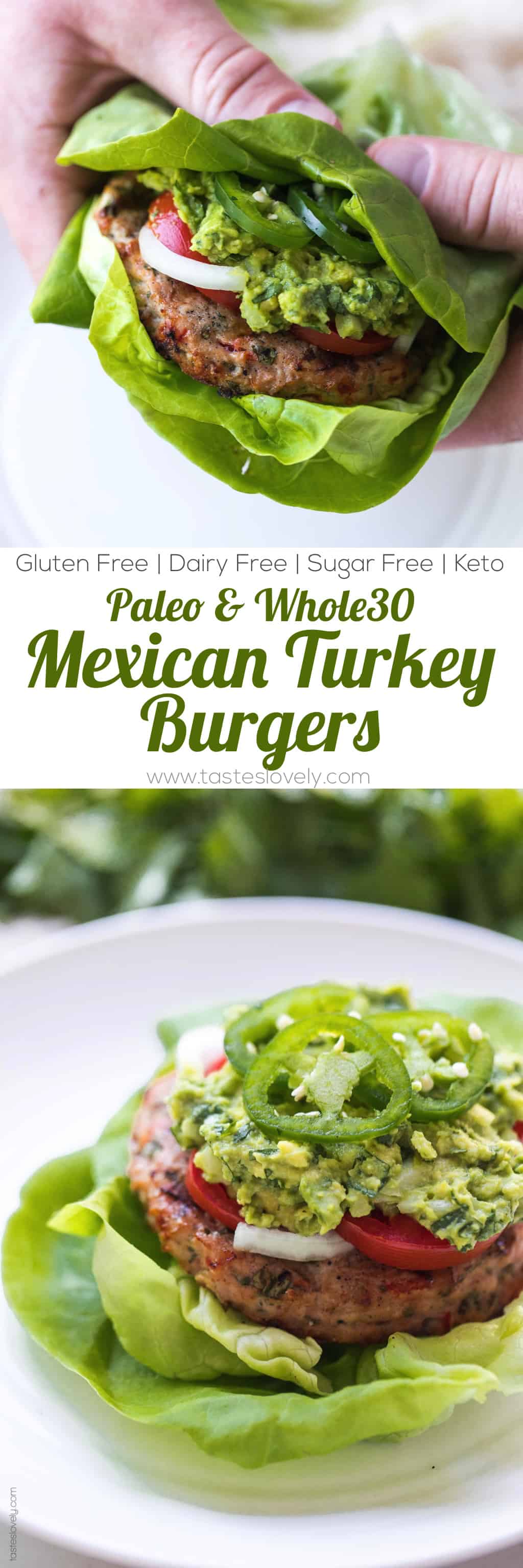 Paleo + Whole30 Mexican Turkey Burger Recipe - turkey burgers packed with Mexican flavor and topped with guacamole. A delicious and healthy 30 minute dinner! #paleo #whole30 #keto #glutenfree #grainfree #dairyfree #sugarfree #cleaneating #realfood