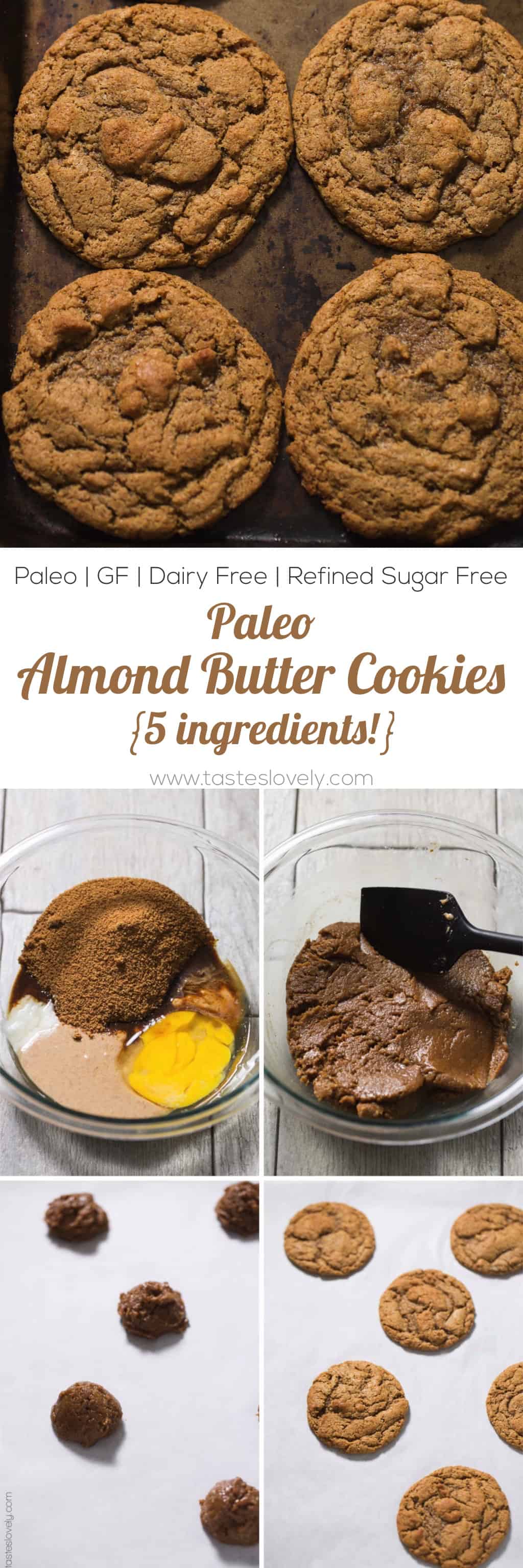 Paleo Almond Butter Cookies Recipe - just 5 ingredients! Paleo, dairy free, gluten free, grain free, refined sugar free dessert.
