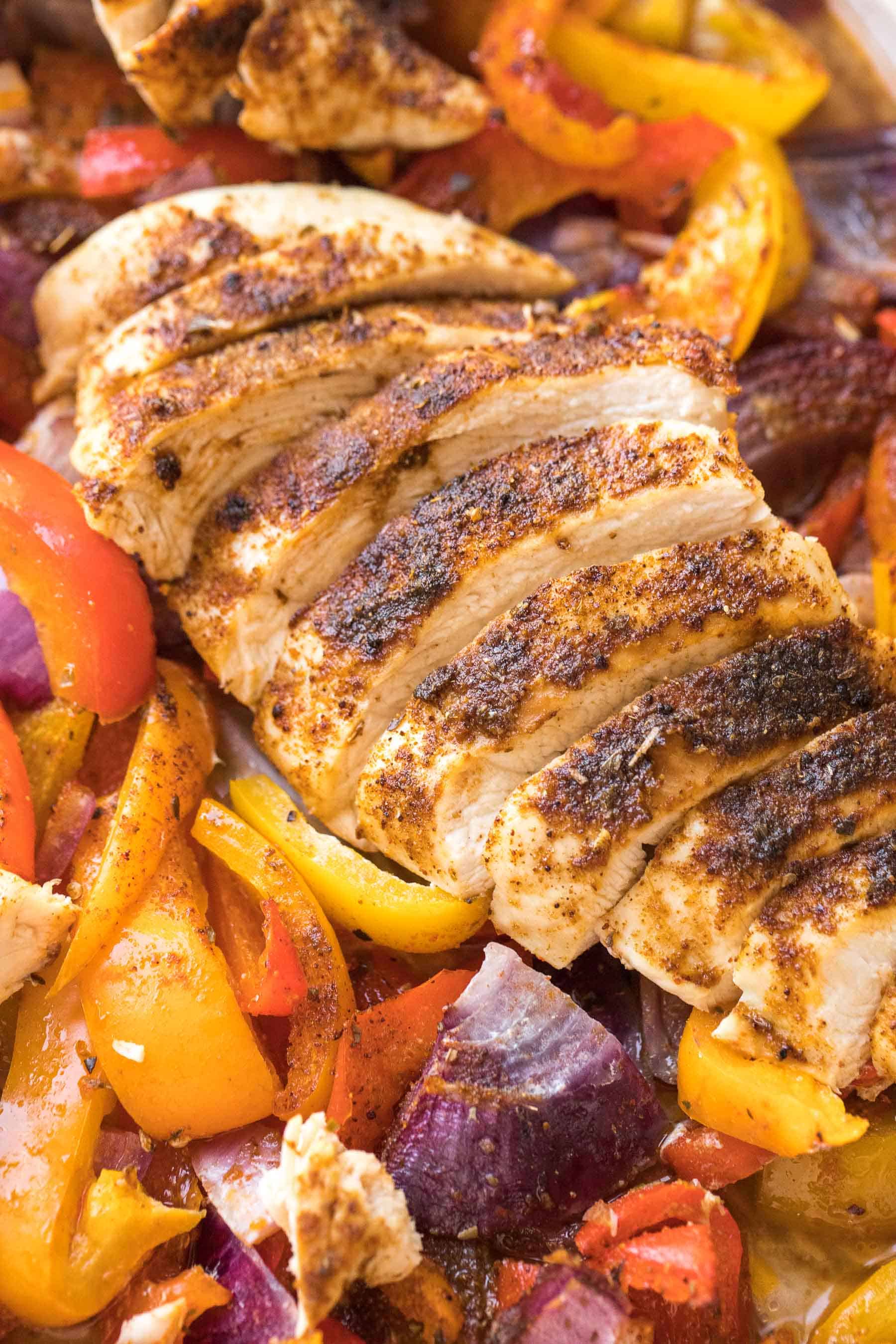 chicken fajitas on a sheet pan