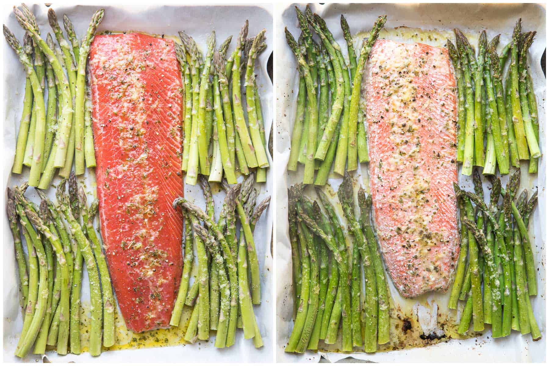 before and after sheet pan + asparagus dinner