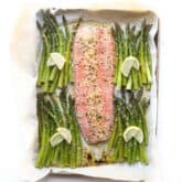 salmon and asparagus on a sheet pan