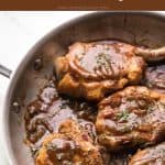 Pork chops in a brown balsamic mustard sauce in a skillet