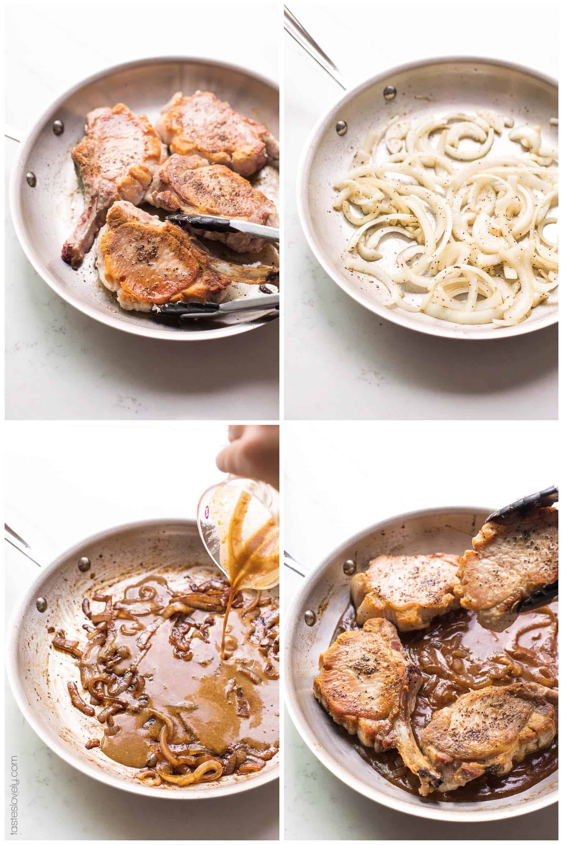 Prep steps for cooking pork chops in a skillet with brown sauce