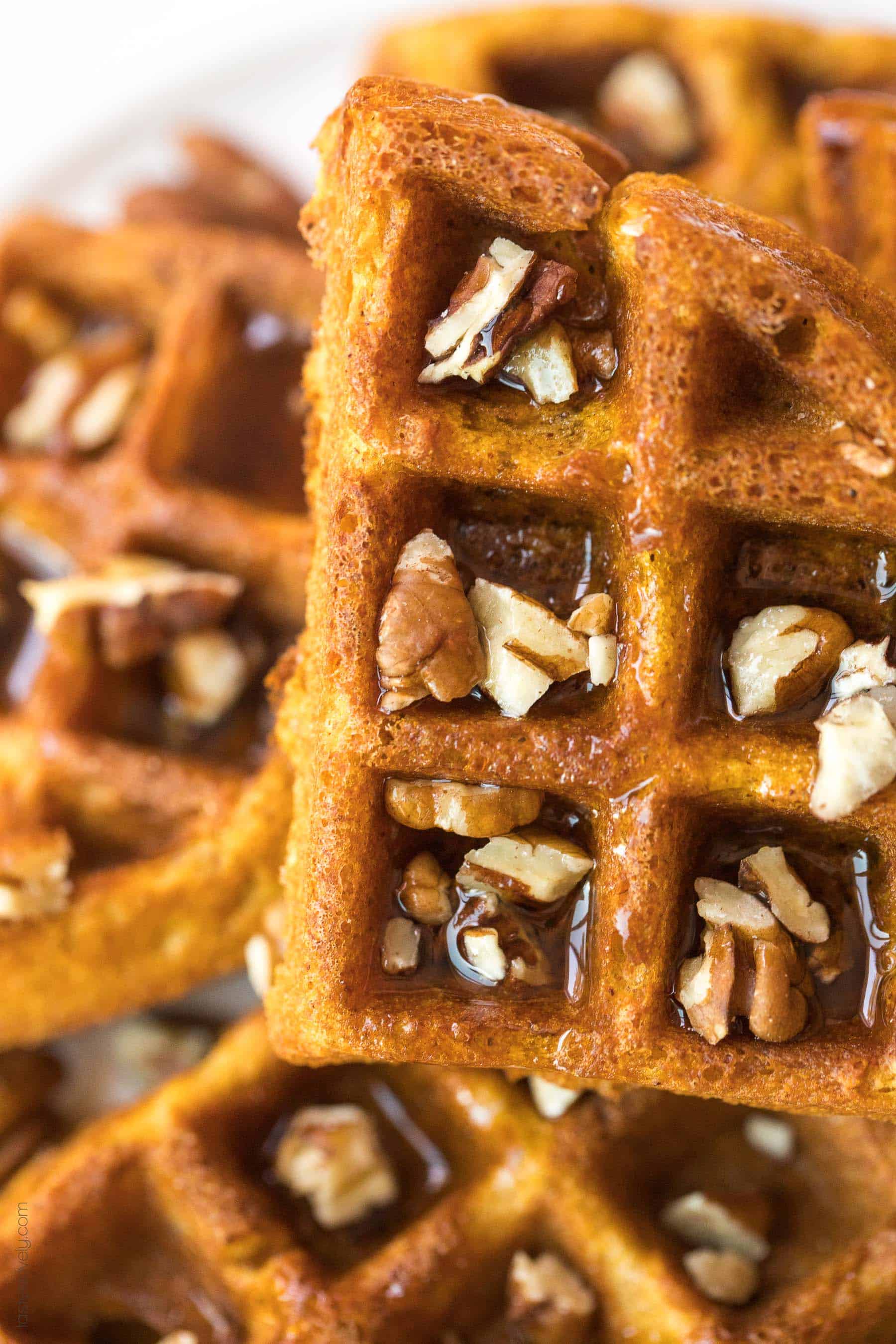 close up of pumpkin waffles with pecans and maple syrup