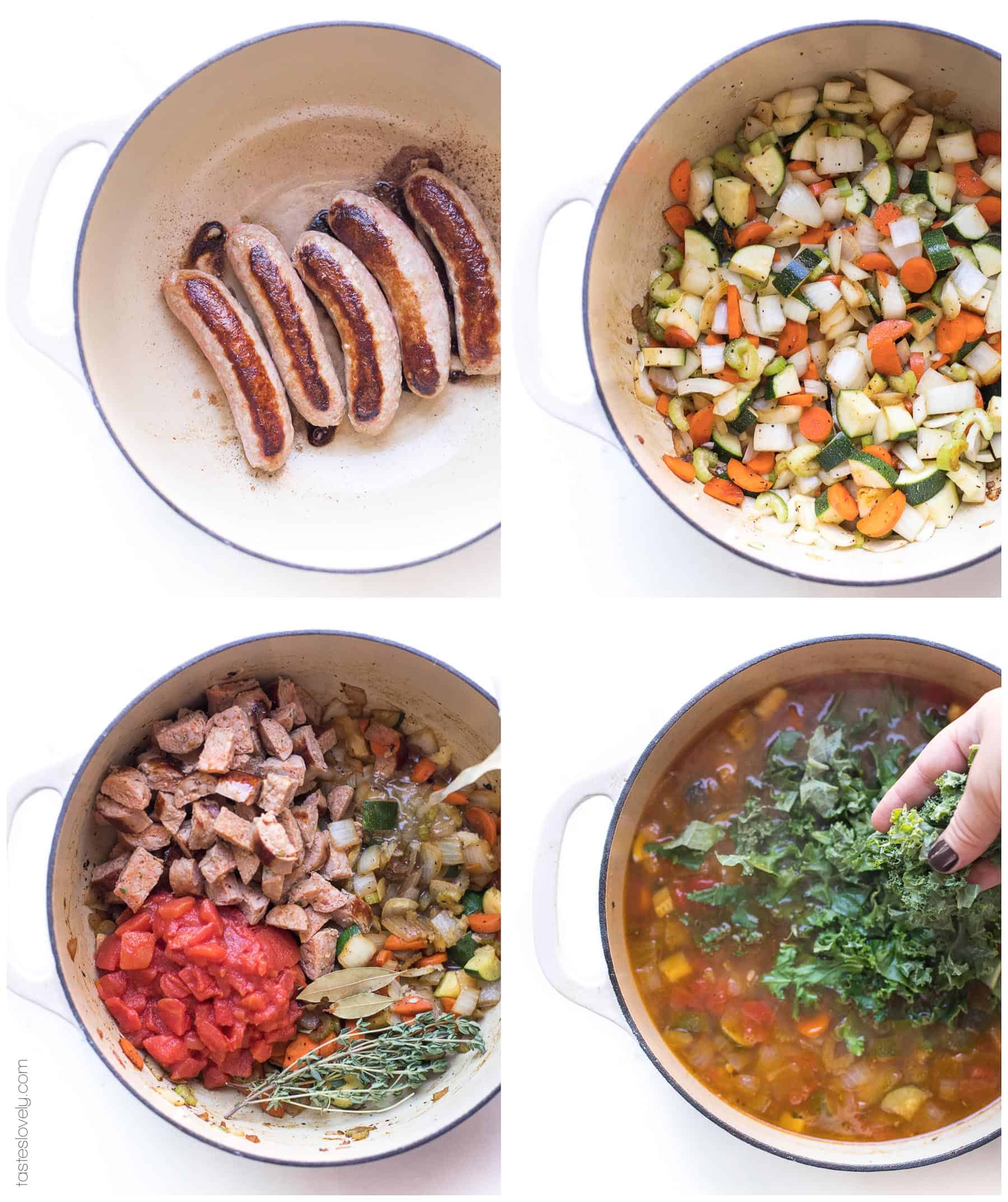 Prep steps for making sausage and kale vegetable soup