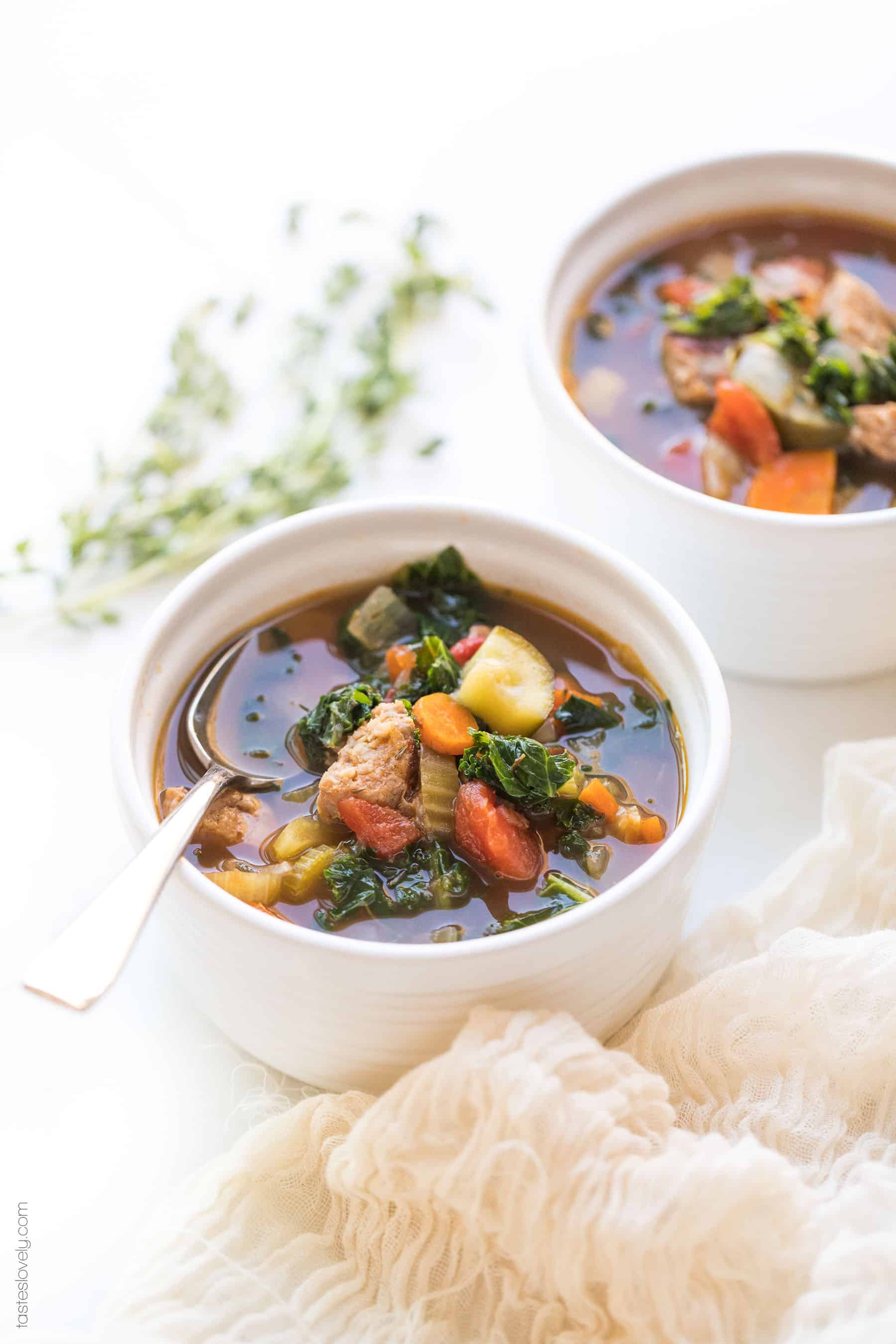 2 bowls of sausage and kale vegetable soup