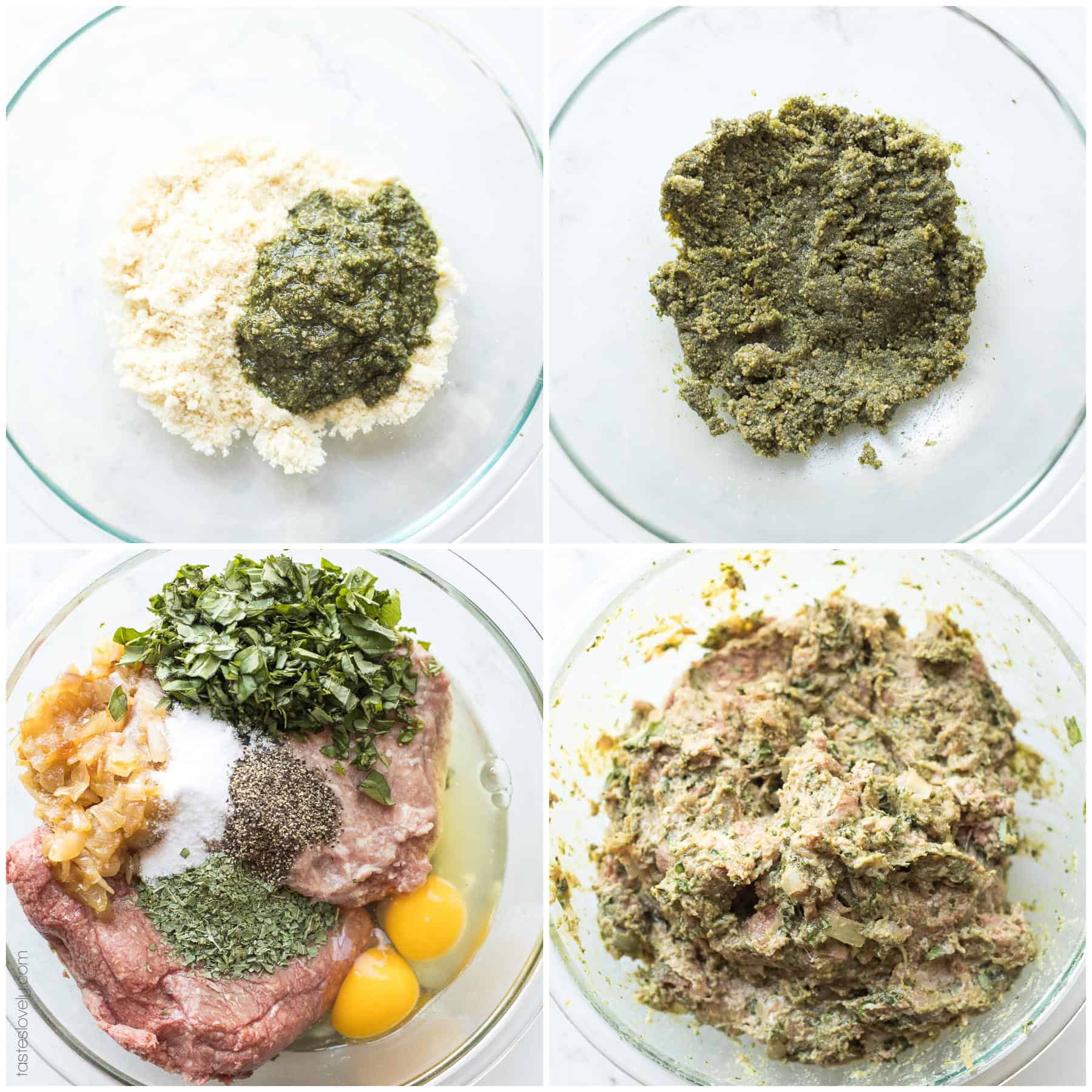 The steps and ingredients of making pesto meatballs