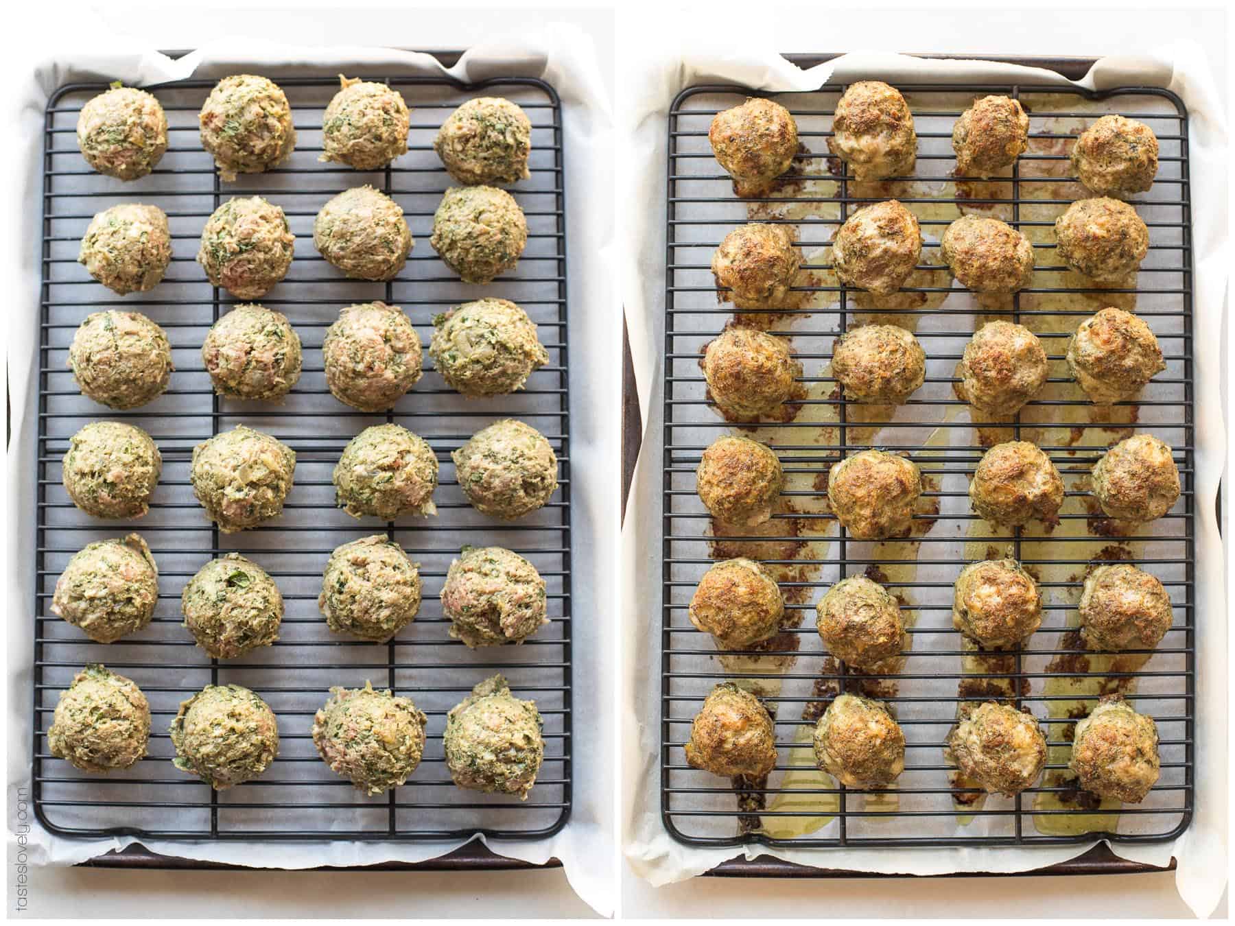 Before and after of baking pesto meatballs