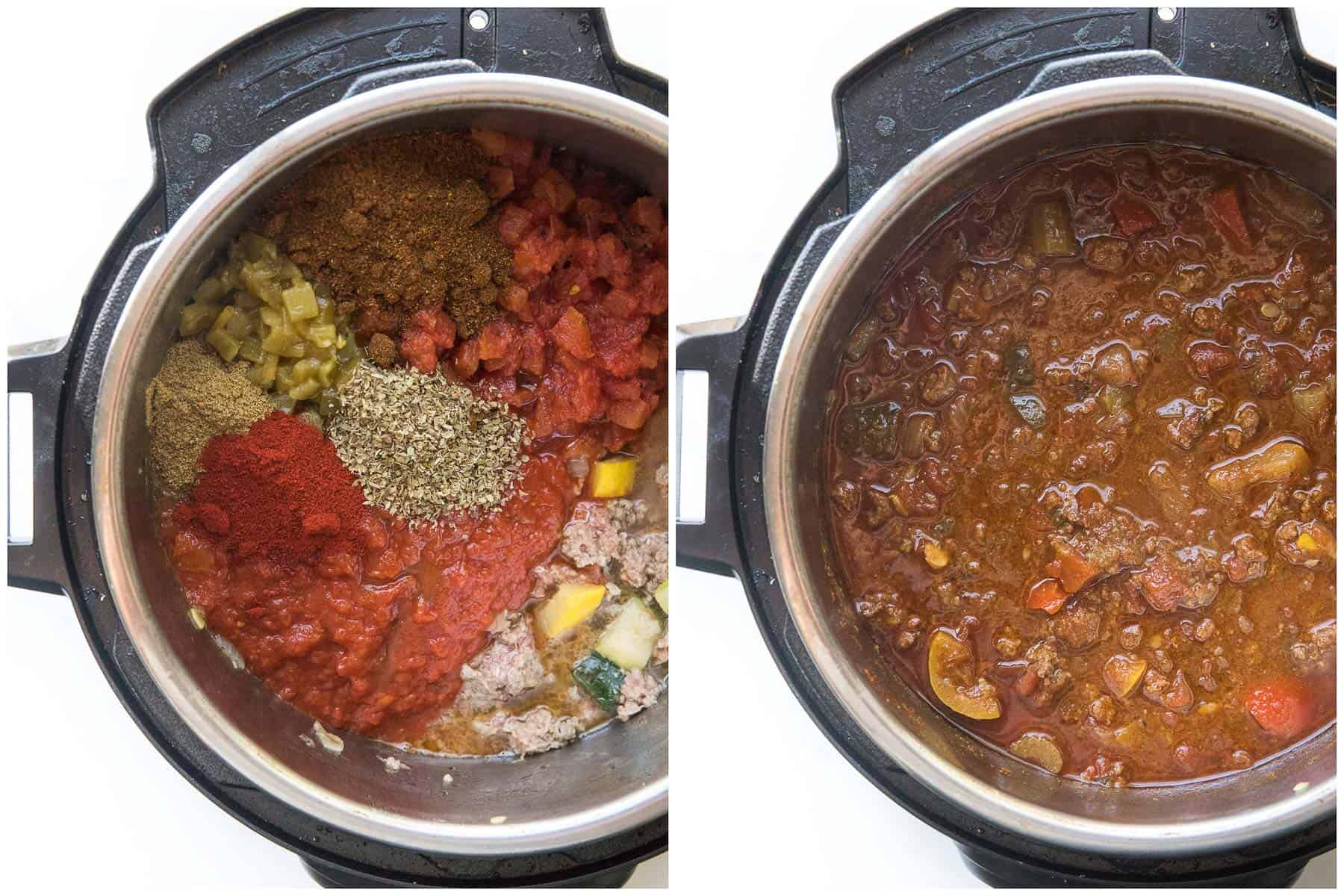 before and after cooking chili in an instant pot