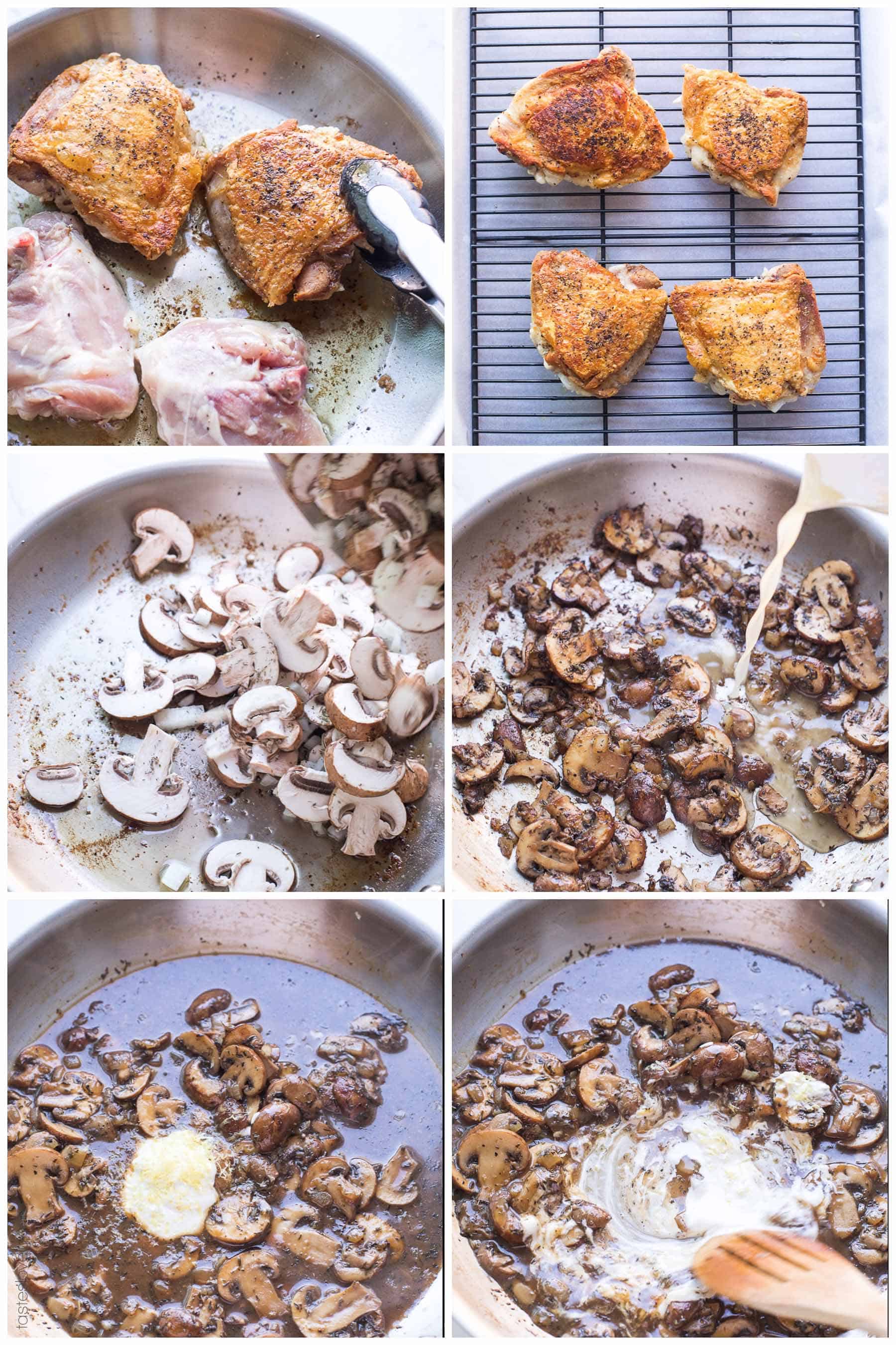 The prep steps of crispy chicken thighs with creamy mushroom gravy