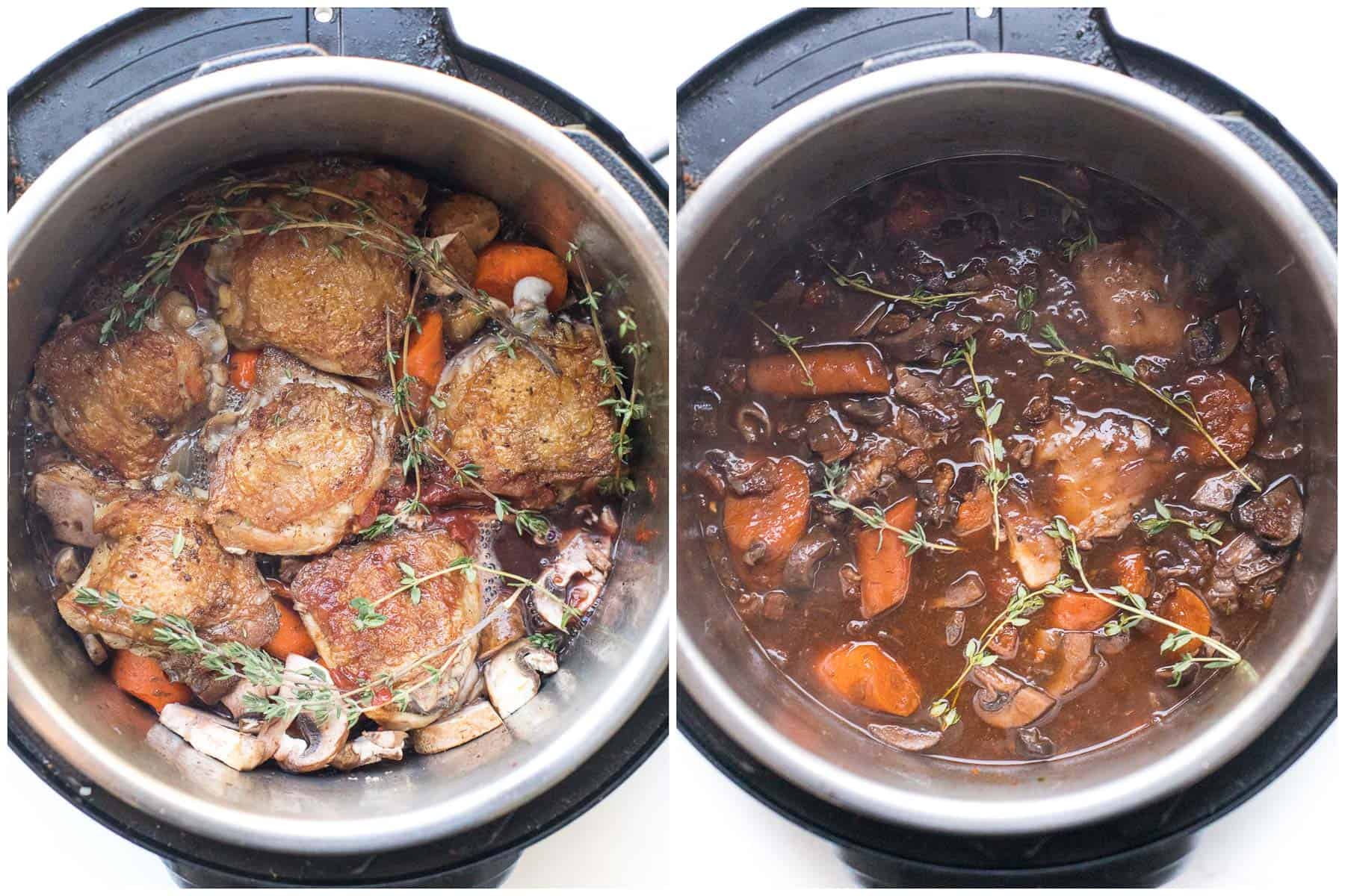 before and after of making keto coq au vin in an instant pot