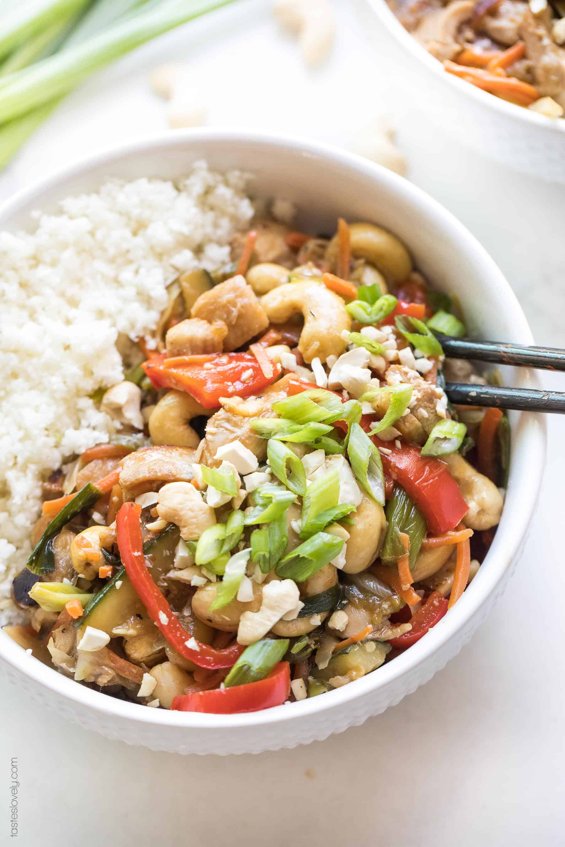 Chicken stir fry in a bowl with cauliflower rice