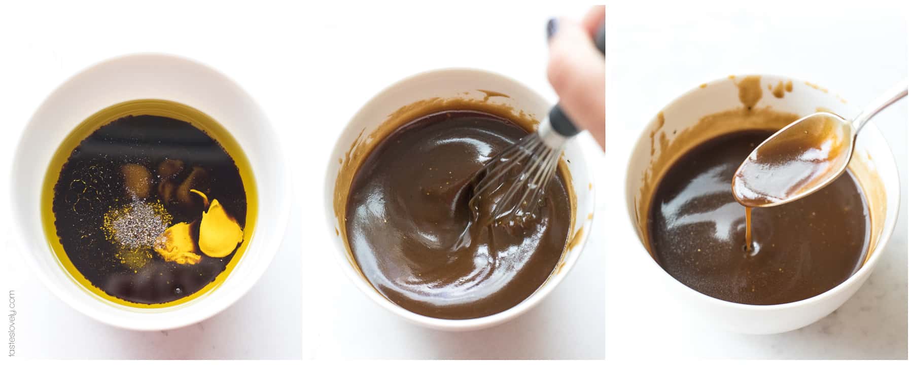 steps of making a balsamic vinaigrette salad dressing in a bowl