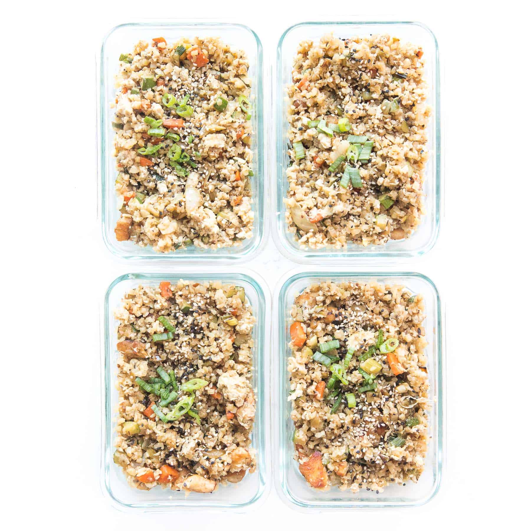 Whole30 + keto cauliflower fried rice in a meal prep containers