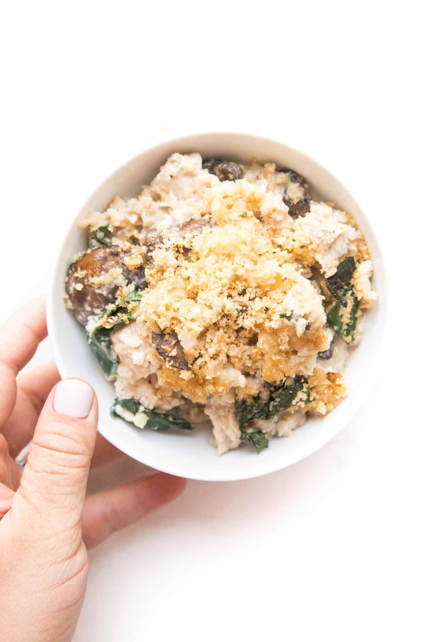 creamy chicken + kale casserole in a bowl