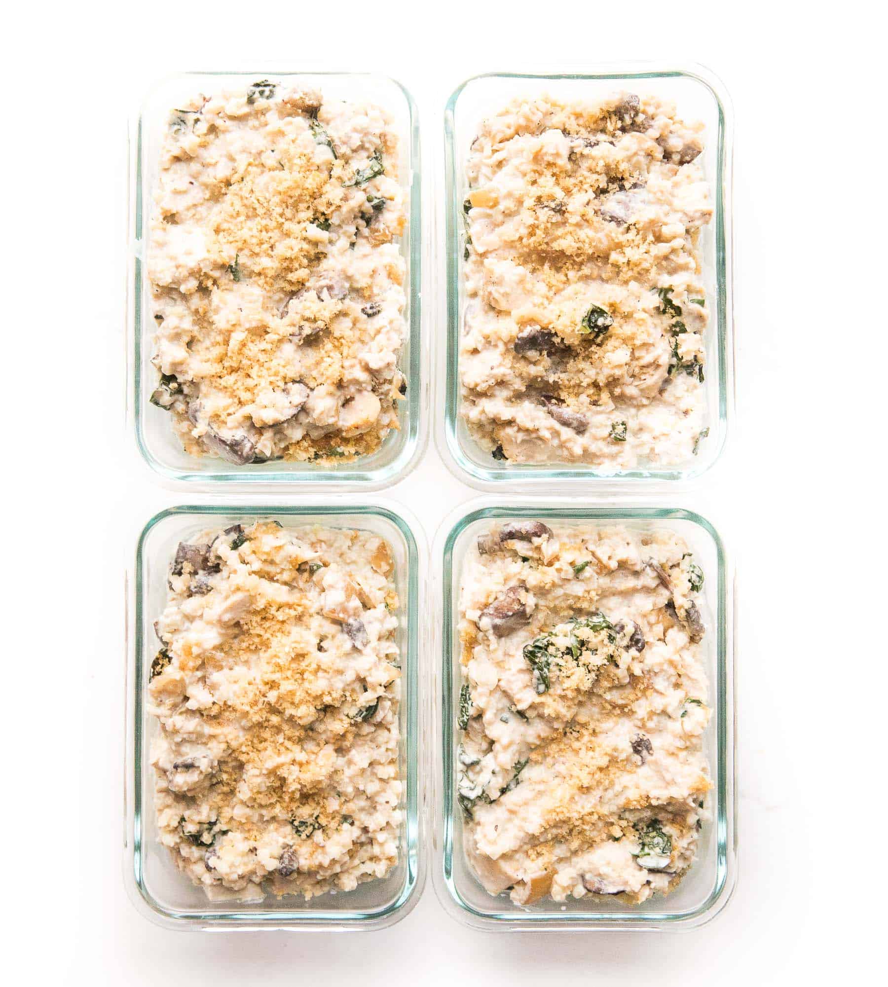 meal prep creamy chicken + kale cauliflower rice casserole