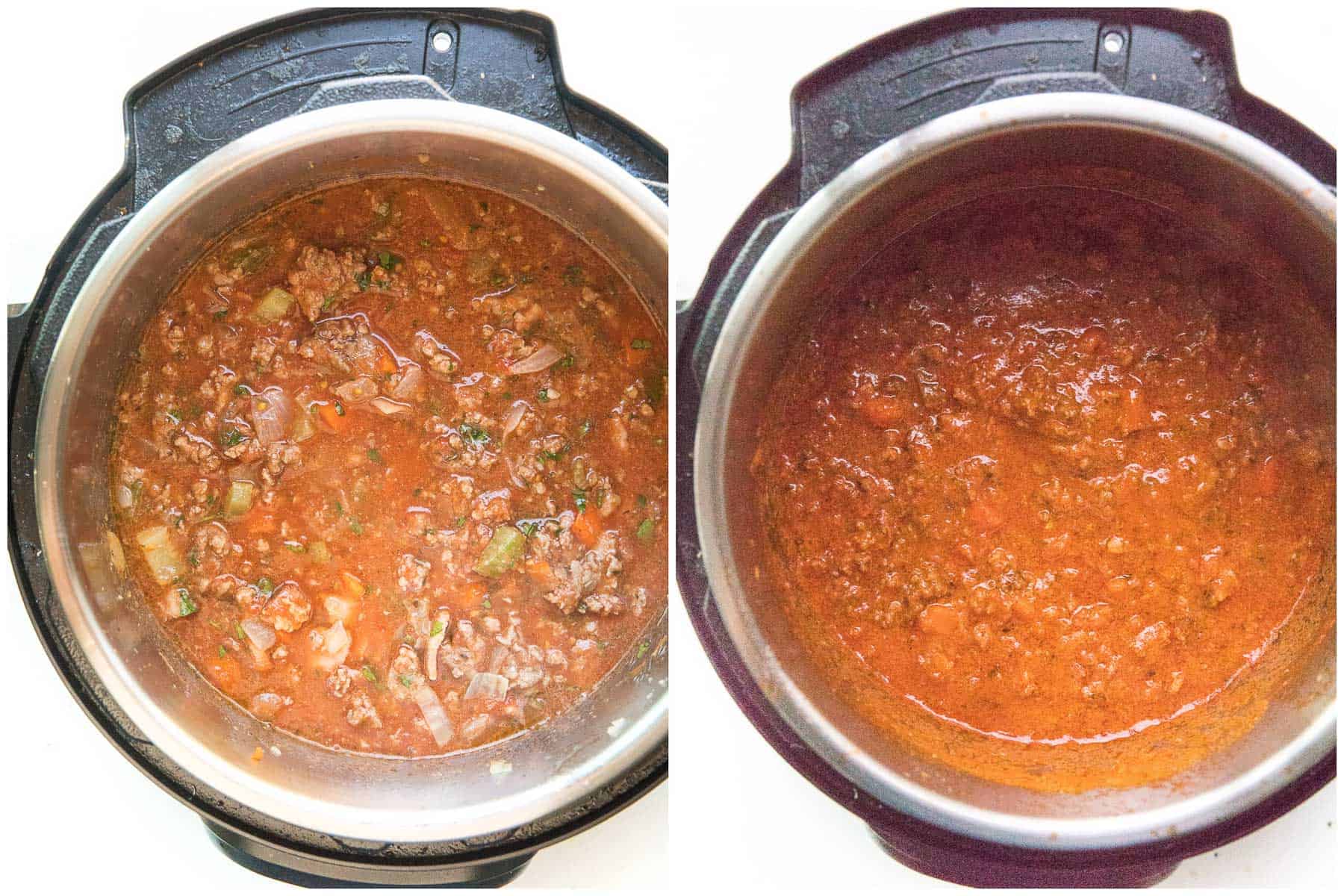 before and after cooking bolognese sauce in instant pot