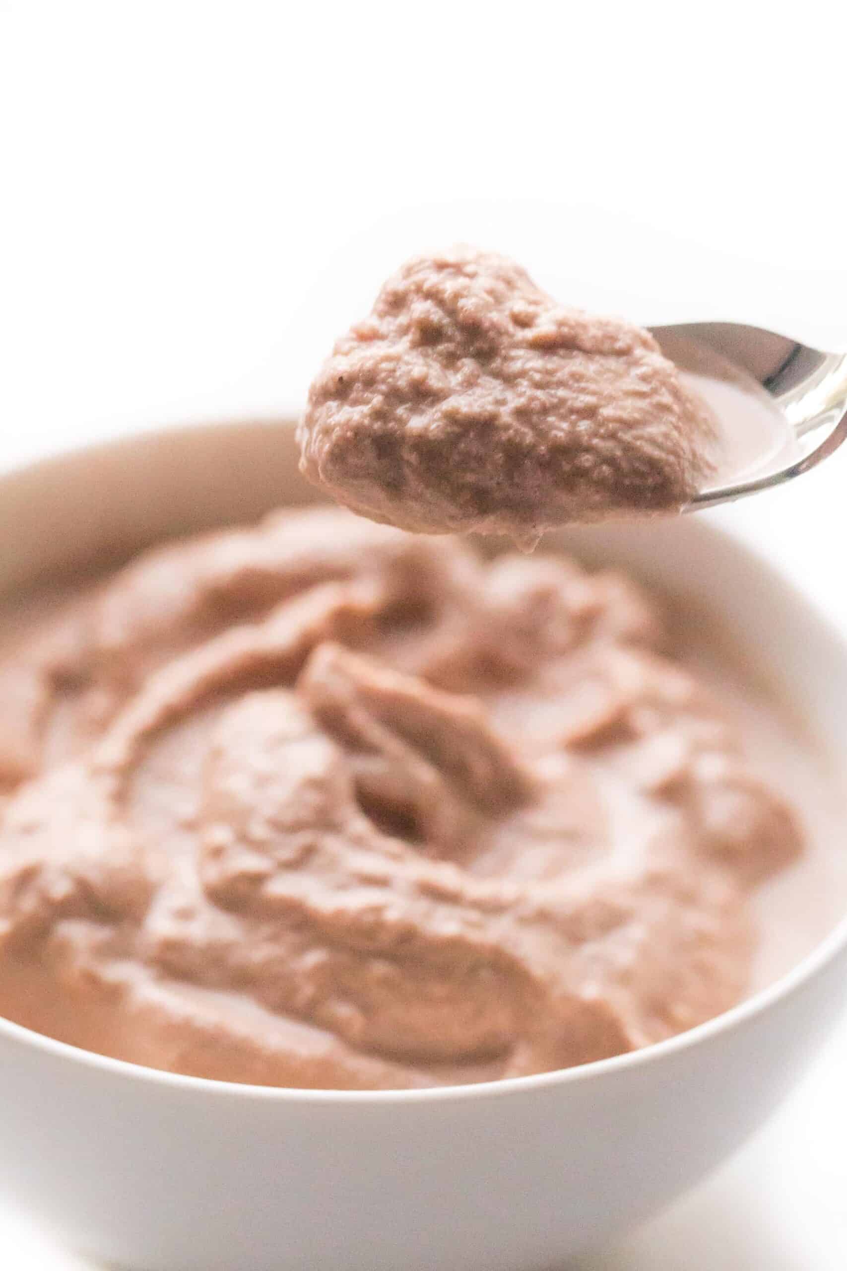 spoon holding chocolate frosty in a white bowl and background