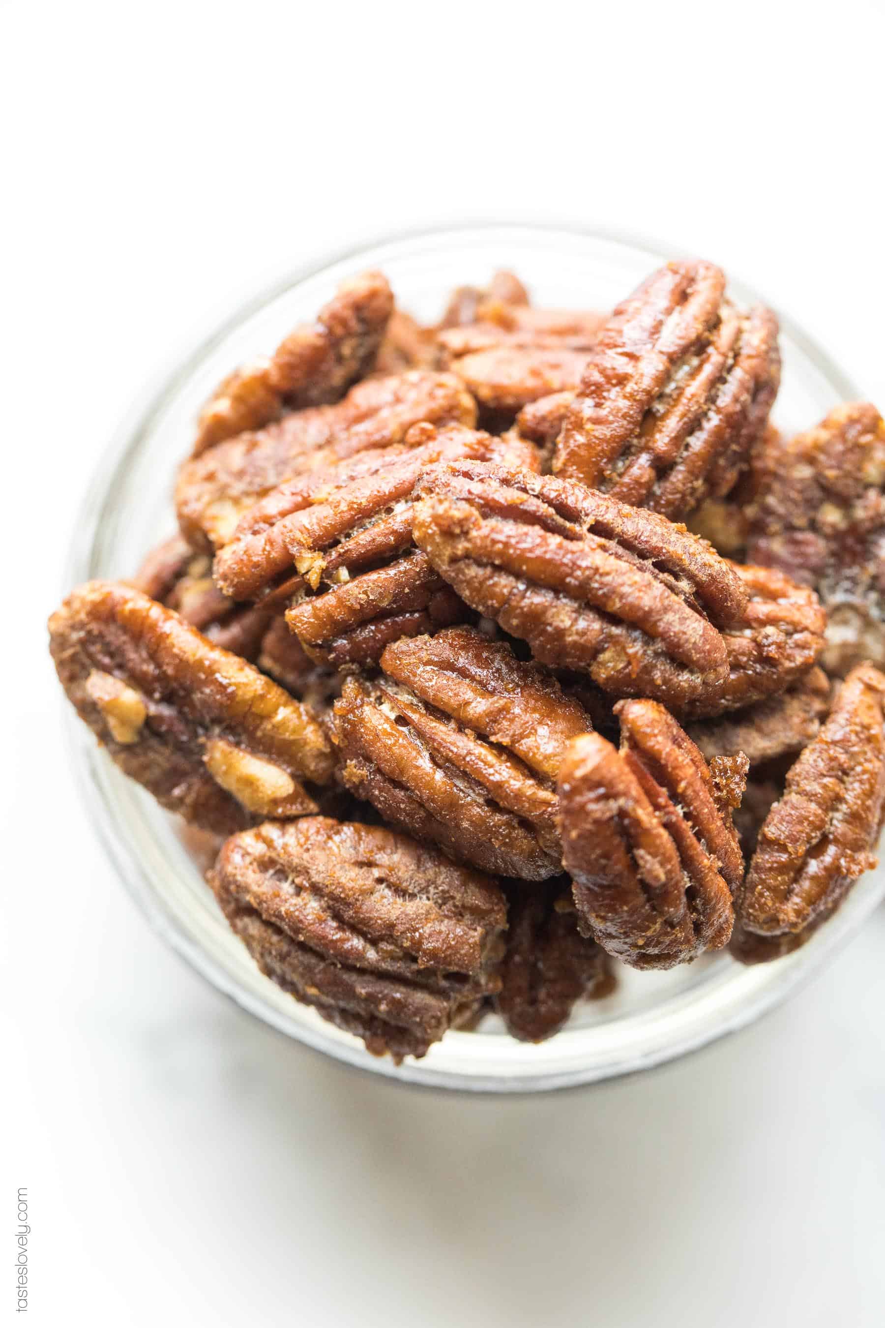 small bowl of candied pecans