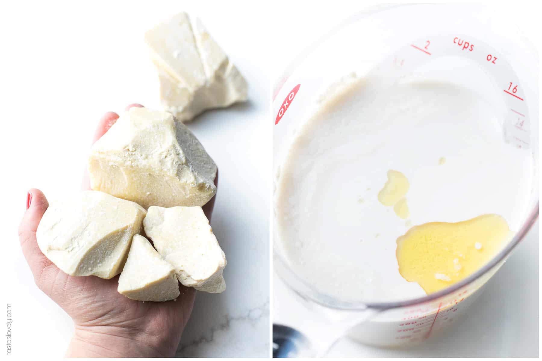 blocks of cocoa butter next to a measuring cup with cocoa butter melted in almond milk