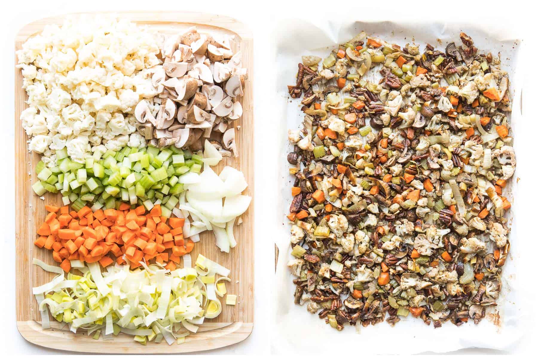 chopped vegetables and ingredients for keto stuff next to a baking sheet pan with all of the ingredients mixed together after cooking in the oven.