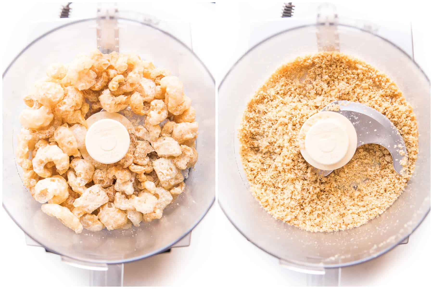 side by side photos of pork panko in a food processor showing before and after