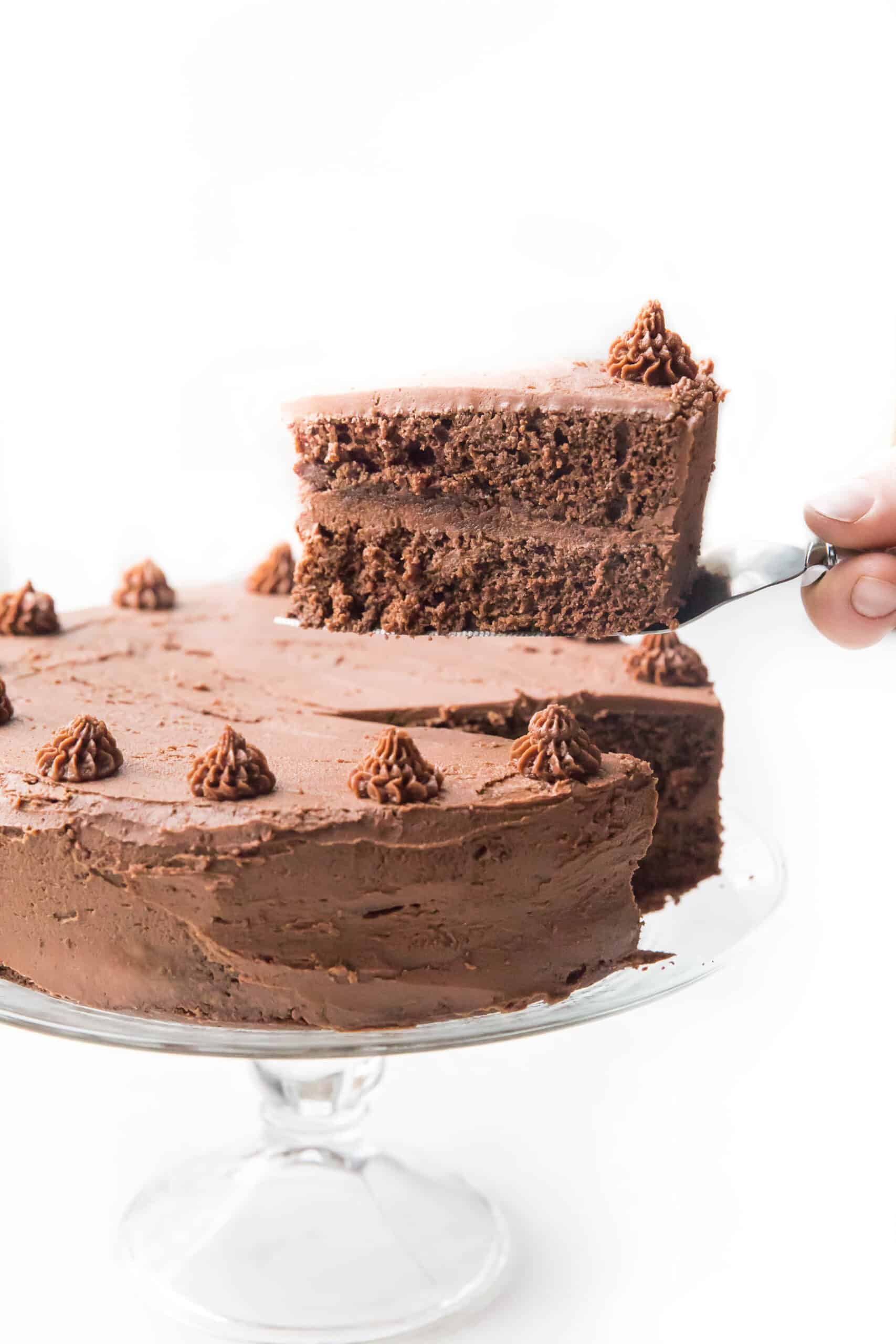 Lifting a slice of chocolate cake